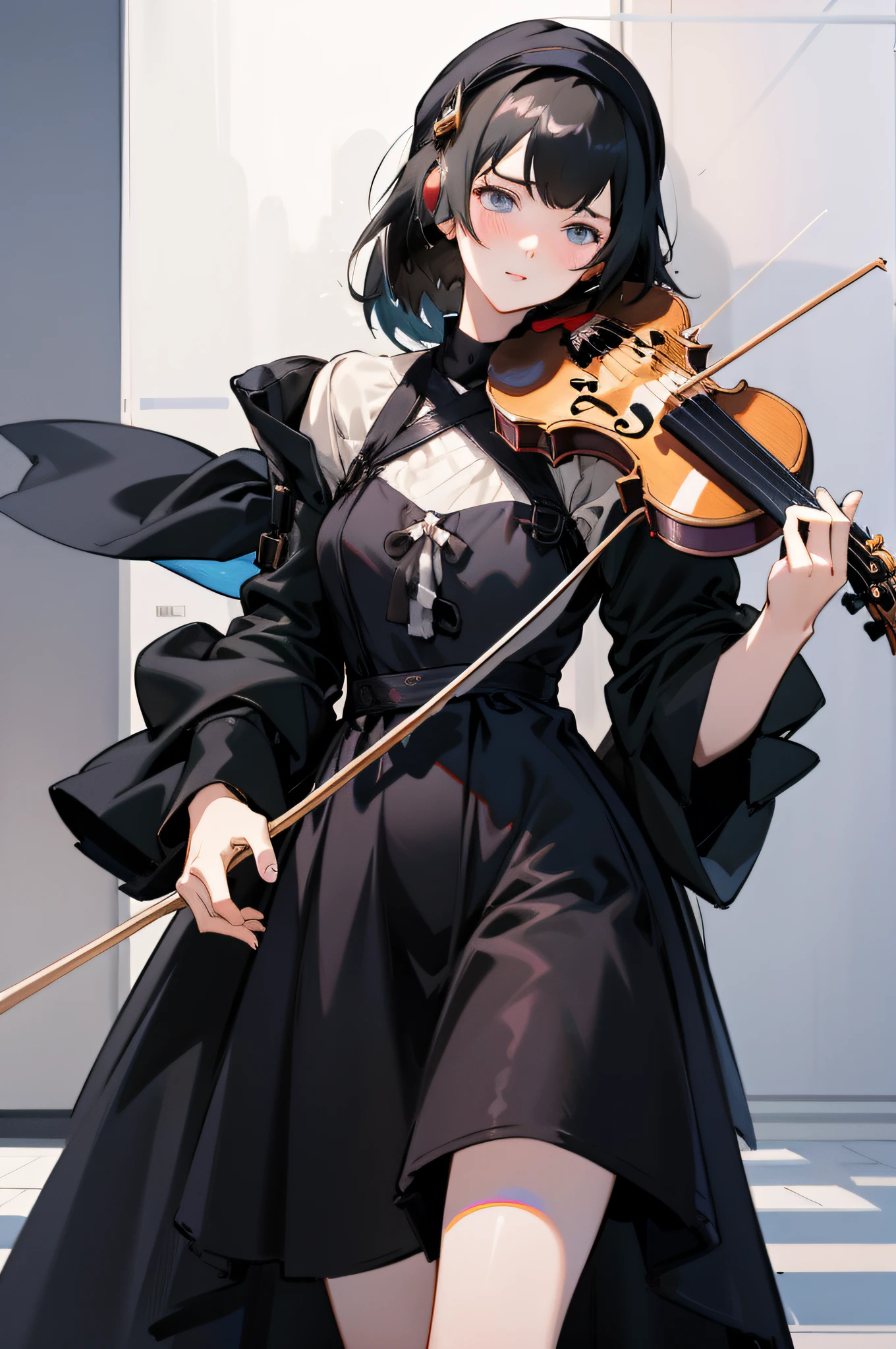 anime girl in black dress playing violin in front of a white wall, artgerm and atey ghailan,
