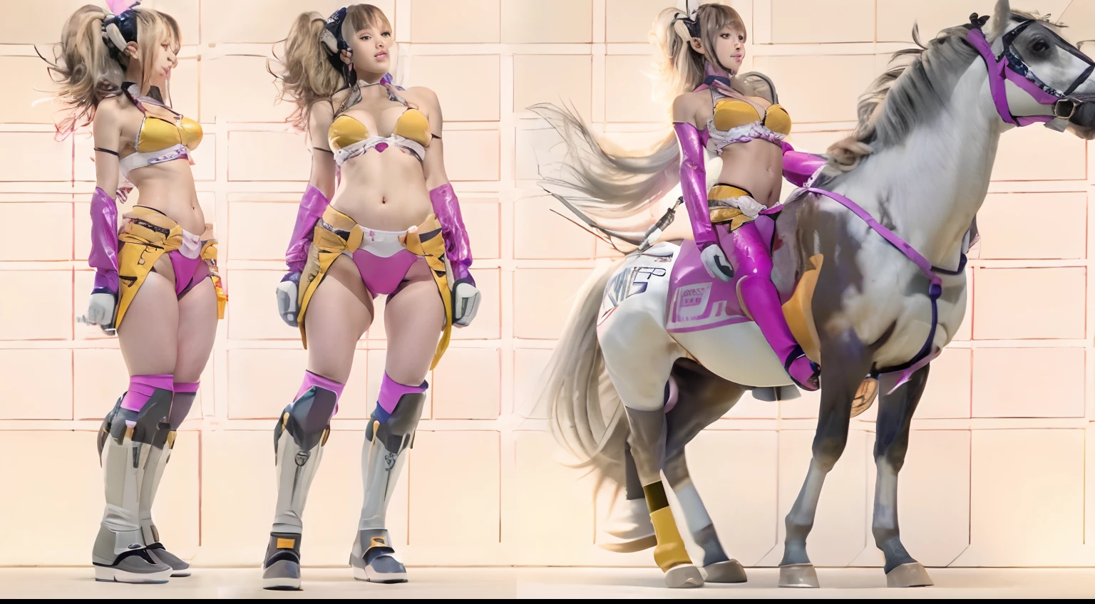 A female centaur，She is famous in the multiverse，She is both a female centaur, half human, half horse, half horse，It is also a female Yingzhao。She blends both images，The first is the head of a horse/neck/Shoulder these parts，After feminization，The upper body transforms into a beautiful female human，Female, half-centaur, half-human, half-horse, half-human，The second is the waist of the horse/hason/gluteal/Legs feminine，Female half-horse with beautiful woman's，Chimer，It's like a female human wearing a half-horse-like costume and making a seamless chimera，This chimerization is based on powerful futuristic technology。The ultra-wide-angle lens captures the image of her beautiful and ethereal wings on the ionosphere launching a super-high-speed charge and leaping。Her front half is distinctly feminine，Tall sexy body，Has K cup teardrop-shaped giant tit chest，It has a small man's waist butterfly spanning long legs，The half-horse part of the hind body，Embedded interface at the hip position。Her horse-shaped part has female physiology and ergonomics on both the half-horse torso and hips and legs。The chest cavity of a woman in the shape of a bent dog style embedded in the lower back position of the beautiful woman's body starting from the upper part of the sternum/lower back/Ventral transverse。Then there are the sexy beauty's upright hips，Her entire body has been completely feminized，Including the half-horse part。Mechanized armor covers the legs with knee-shaped anti-joints and feet，And these parts are highly anthropomorphic，This makes her legs graceful and slender，Her four horse legs exploded in length proportions and was slender and toned，Under the legs are skinny white feet dressed in Skyscraper Heels，Use Midjourney's advanced stroke tools and color palettes, as well as texture packs, model packs, and texture tools，Concentration，Include all parts of her original horse physiology including fur/Waist and abdomen/Hip legs/Leg Capital Feminization，And give these parts a correspon