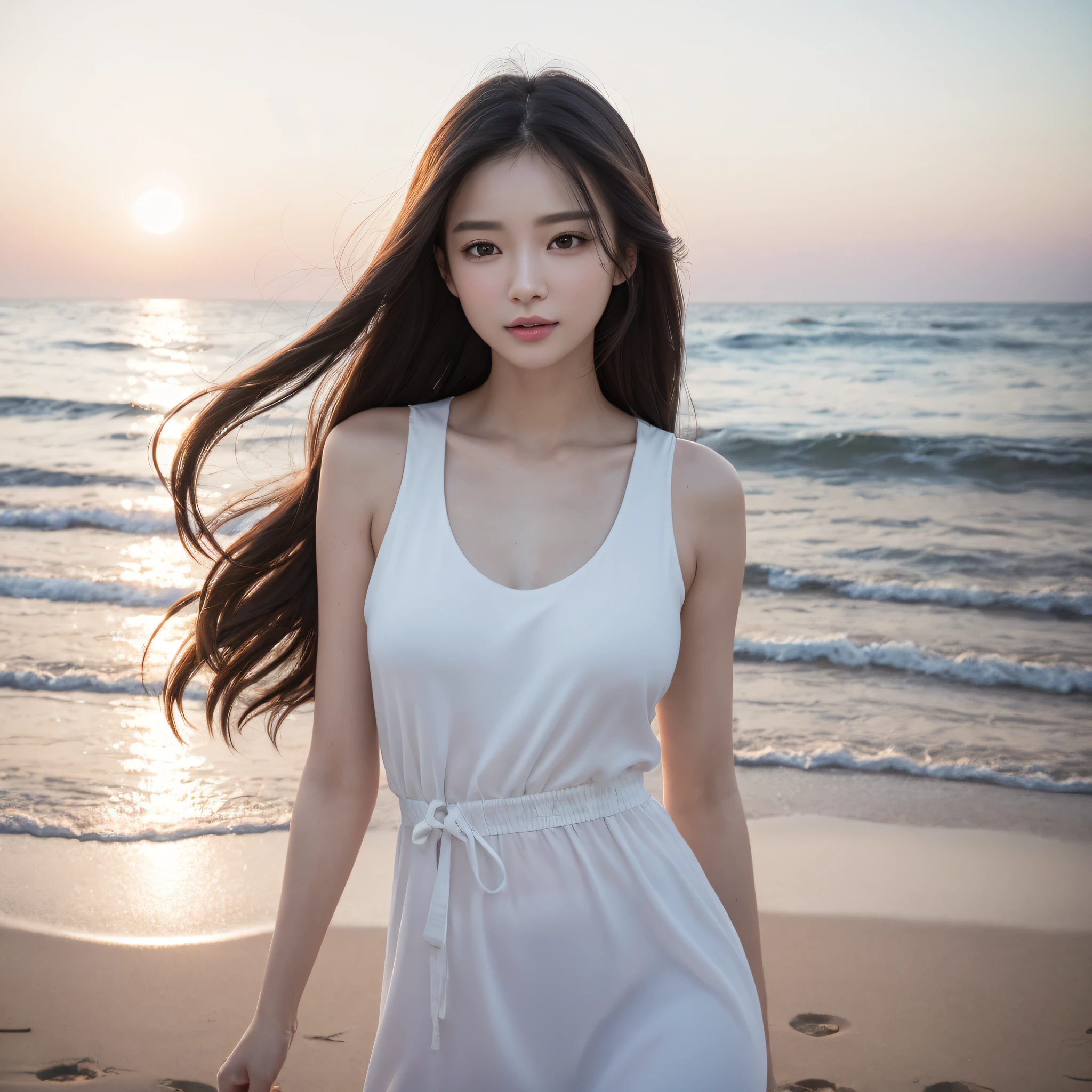 One lady、((best qualtiy、8k masterpieces:1.3))、foco nítido:1.2、(ultra beautiful faces:1.0)、(shinny skin:1.0)、photos realistic、A dark-haired、Video Lighting、High-definition eyes and face、Video Lighting、(Korean Cute Actress)、from the front side、medium breasts、ssmile、Sleeveless、Slender Abs Beauty、Whole body、Wearing a white blouse、On the beach at night