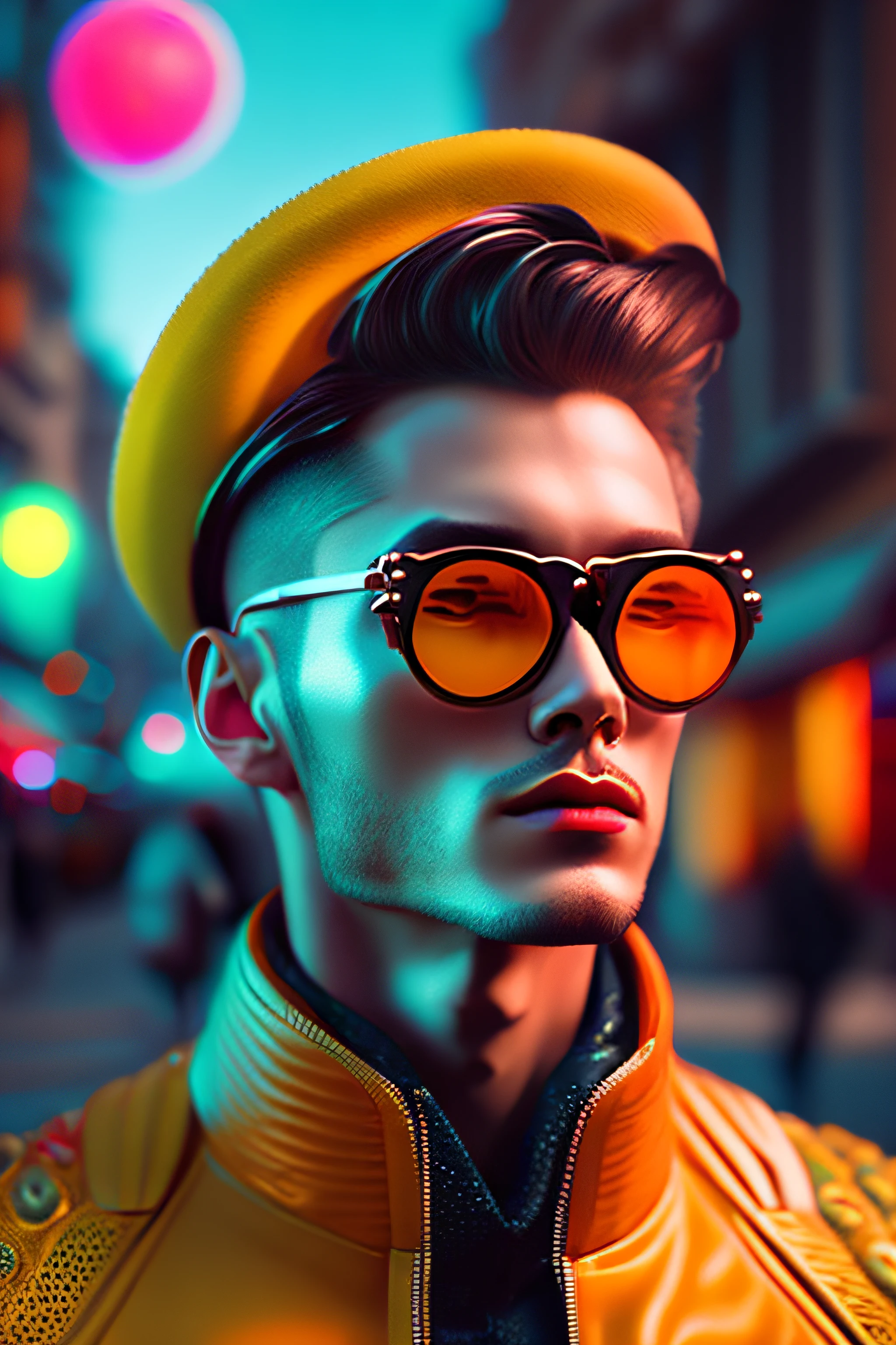 (portrait fashionista man middle ages 1950s with intricate colorful trendy glossy tinted goggle), fluffy c0lorful hair, smilingly expression, (Extremely Detailed digital photography:1.2), standing in middle of city, (((full body))), raw picture, analogue, Hasselblad, 50asa, f8, 12mm, glow effects, godrays, Hand drawn, render, 8k, octane render, cinema 4d, blender, dark, atmospheric 4k ultra detailed, cinematic sensual, Sharp focus, humorous illustration, big depth of field, Masterpiece, colors, 3d octane render, 4k, concept art, trending on artstation, hyperrealistic, Vivid colors, rim light, extremely detailed CG unity 8k wallpaper, trending on ArtStation, trending on CGSociety, Pop Art style by  Yayoi Kusama, Intricate, High Detail, dramatic
,pure energy, light particles, sci-fi