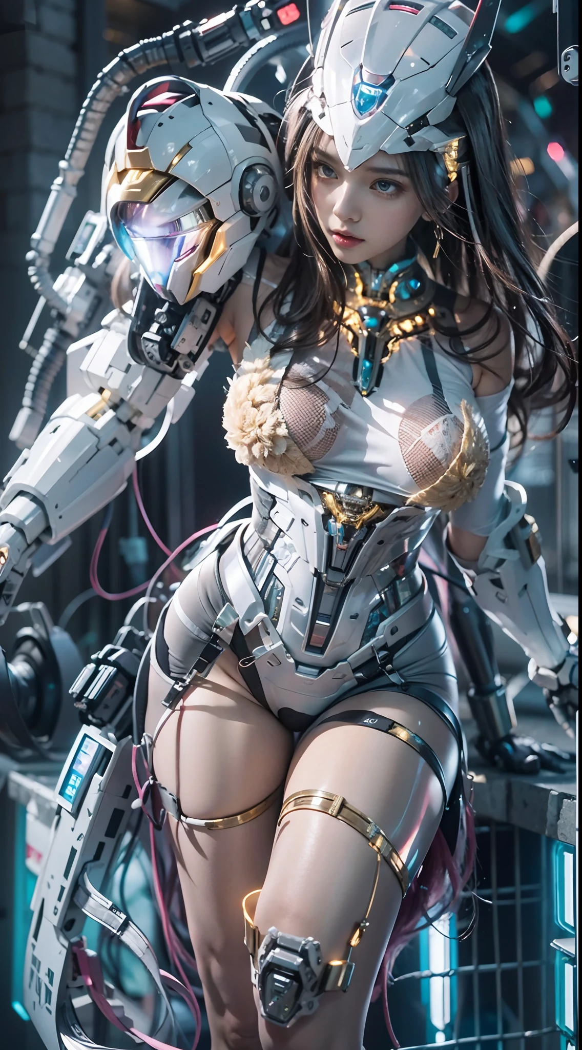((tmasterpiece,best qualtiy)),illustration,Ultra-detailed 8K,Clear focus,A highly detailed,Professional lighting,Colorful detailed,A girl and a mech,Beautuful Women,lottalewdsLargeMecha,cranny,with light glowing,with light glowing,Complicated details,((1girl stands in front of the audience)),closeup cleavage,The upper part of the body