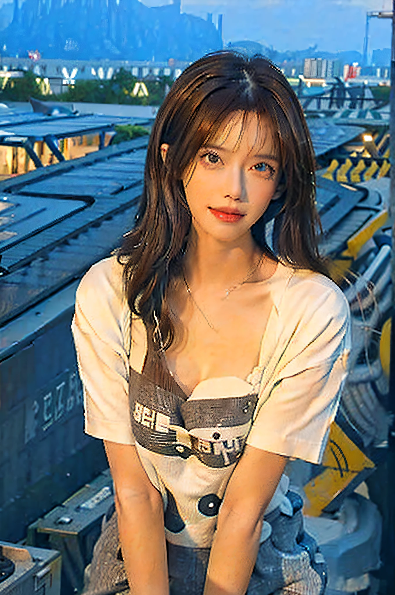 ((Midnight, Best quality, 8k, Masterpiece :1.3)), Whole body, Long legs, Sharp focus :1.2, A pretty woman with perfect figure :1.4, Slender abs :1.1, ((Dark brown hair, Big breasts :1.2)), (White tight tshirt, Jean bib, Standing:1.2), ((Night city view, Rooftop:1.3)), Highly detailed face and skin texture, Detailed eyes, Double eyelid