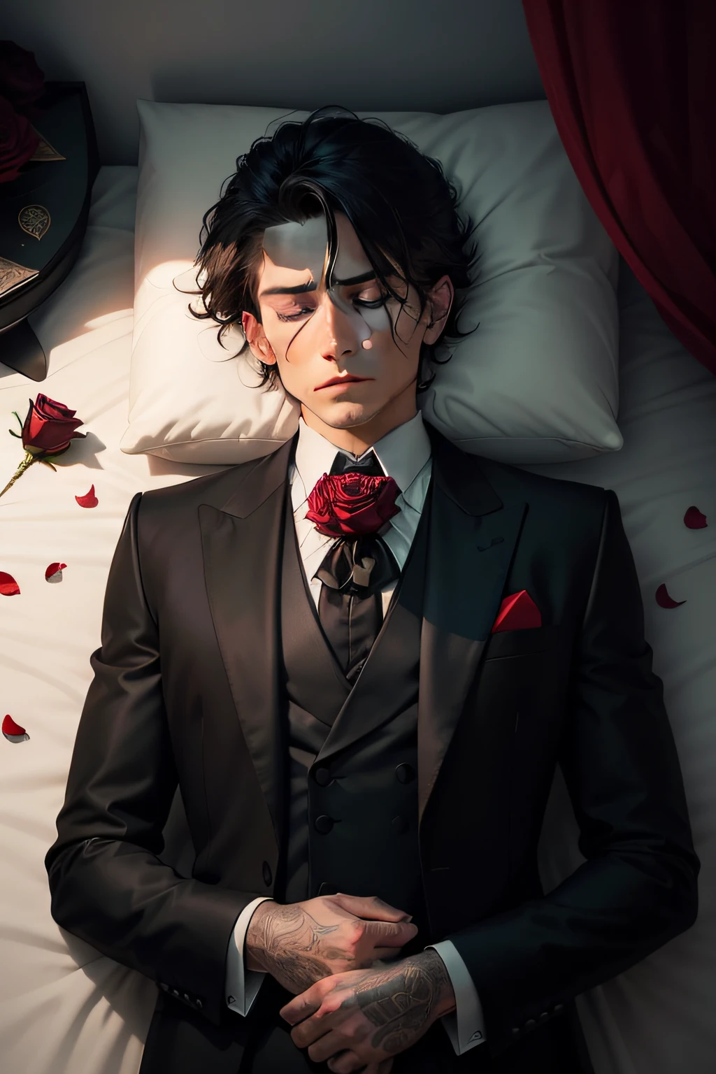 dead man on his bed with eyes closed in black tuxedo and black mask covering his face and red rose in his left pocket dark room with candlelight and rose petals over his body