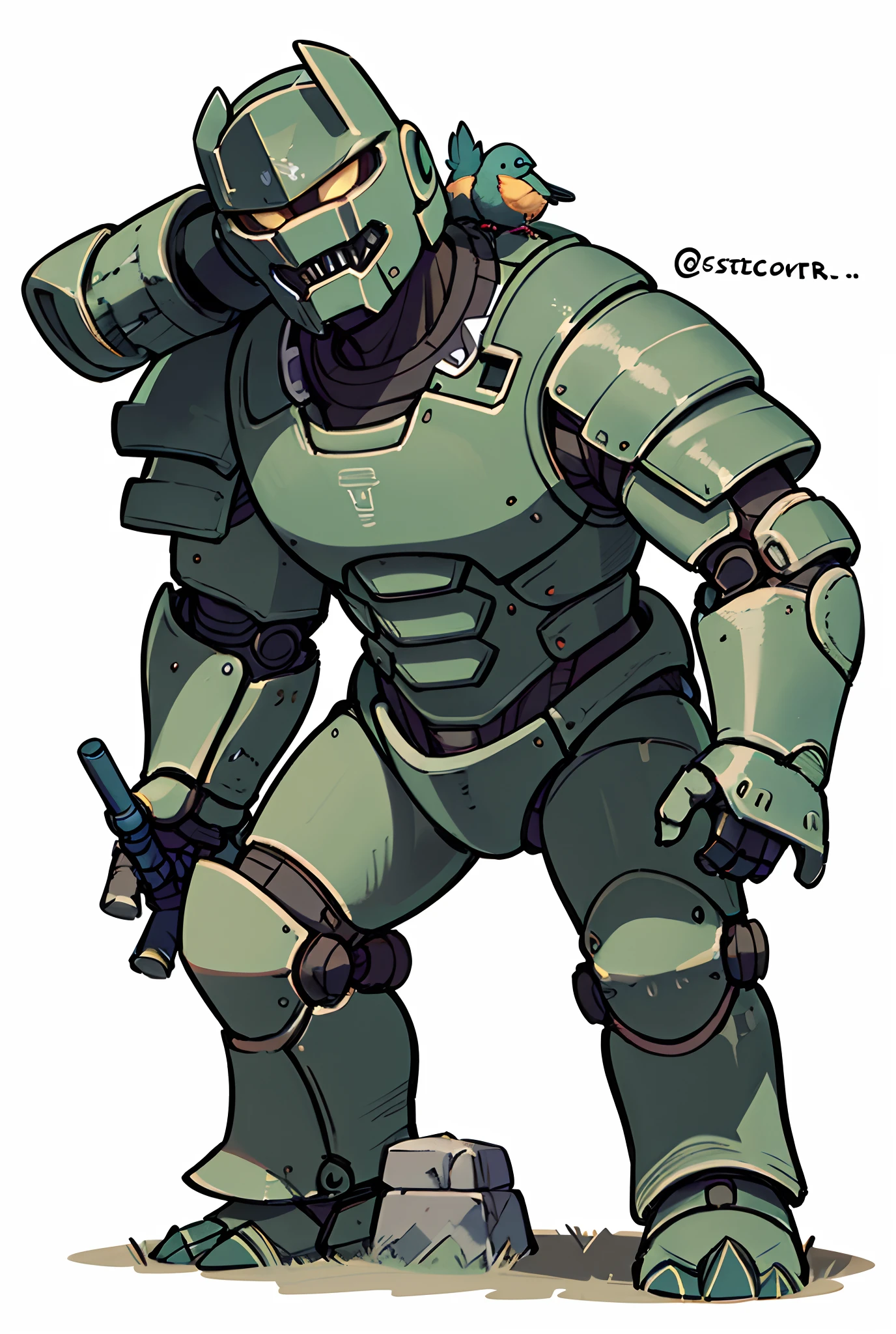 by bestiary_style, a drawing of a giant robot with a bird on his shoulder, stone golem, stone colossus remains, as an ugly titan, as a titan, shadow of the colossus, golem, from pathfinder, dnd goliath character concept, warforged, high fantasy concept art, colossus, heavily armored, grey armor, thick armor, greek god in mecha style