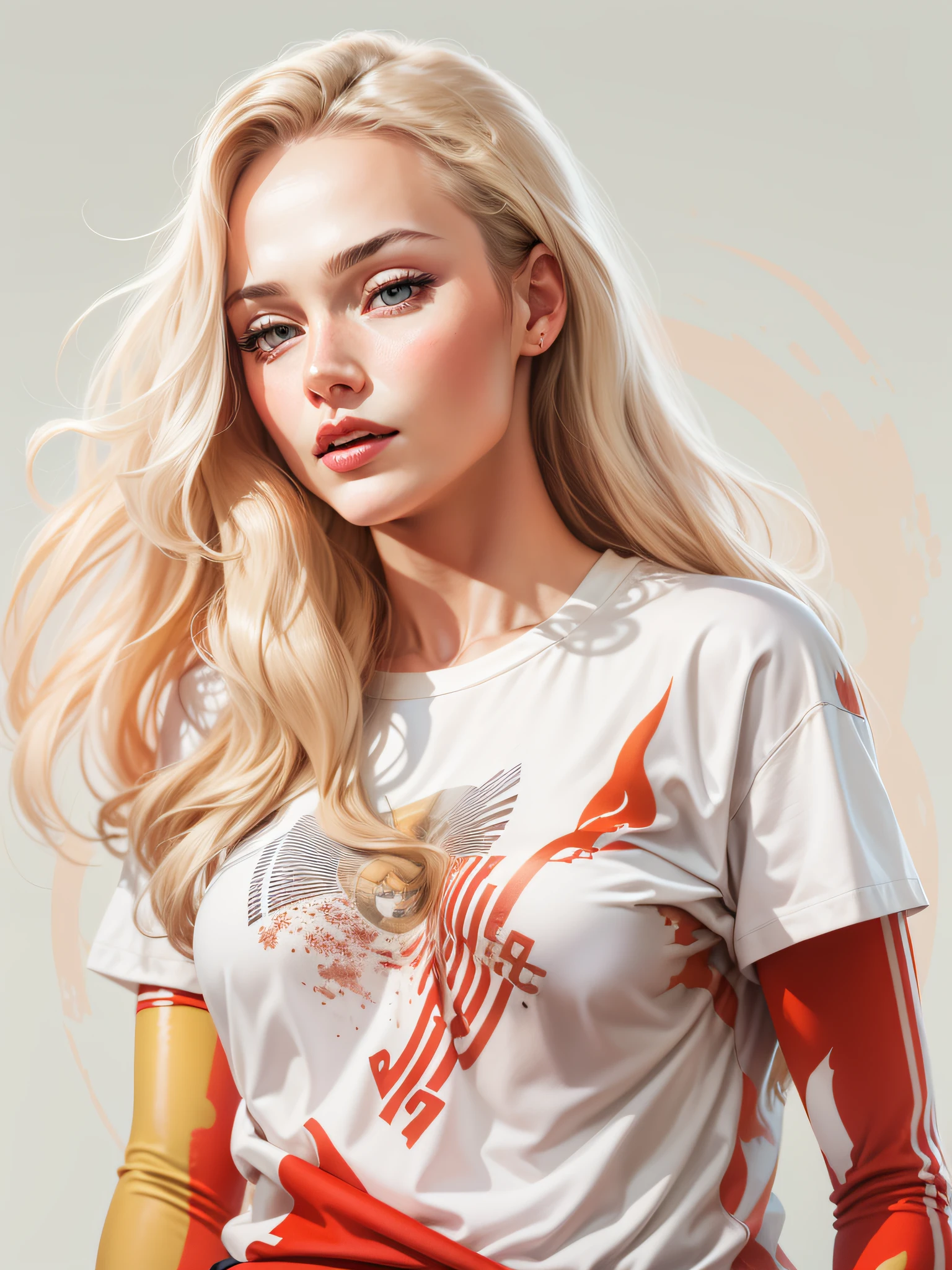 woman, wearing red fashion outfit, with long blonde hair, realistic style image, surrounded by vibraprint ready vector t-shirt design, white background, side view, sticker, clean white background, professional vector, high detail, t- design shirt, vibrant.