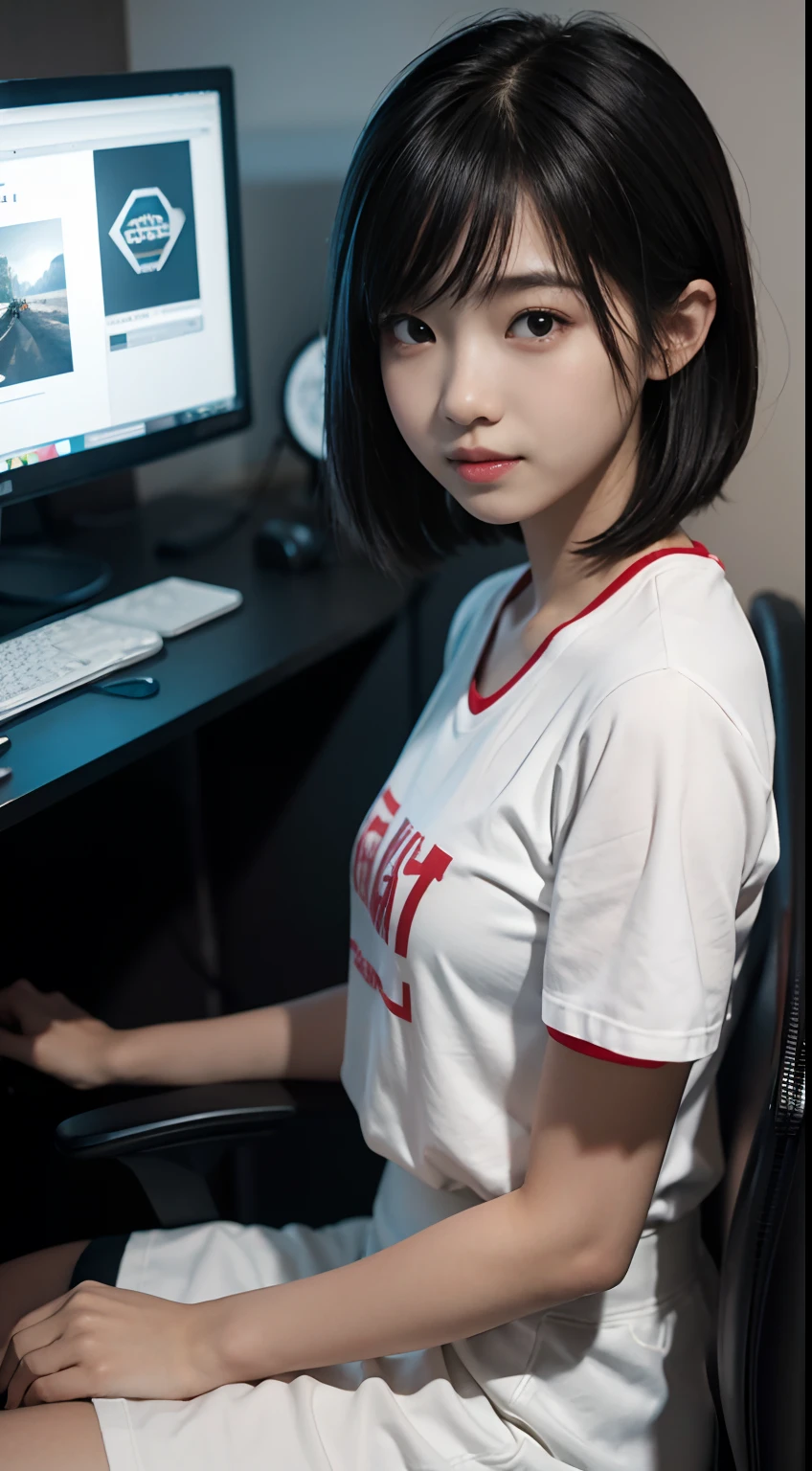 8K,top Quority,tmasterpiece,Realism,Three-dimensional feeling,adolable,physically-based renderingt,A female high school student,Chinese face,adolable,Urban casual wear,full body shot shot,ssmile,Toothy,White skin in the red,Short black shoulder-length hair,is shy,Background esports room,sitting in front of the computer playing games,Not exposed,Medium height,with a good figure,Dark background,SLR shooting,Well laid out,Photograph the upper body from the front