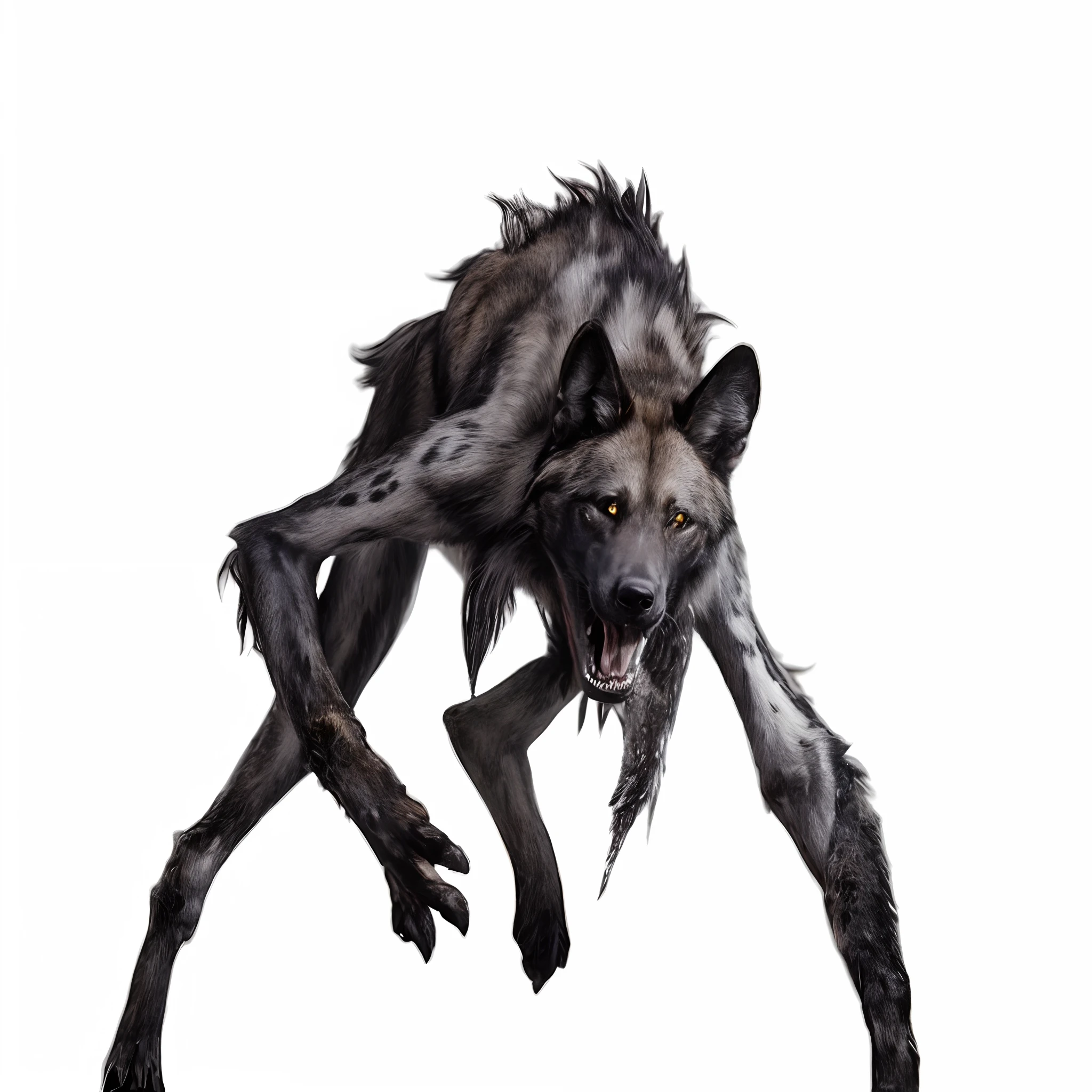 Imagem hiperrealista, um lobo que anda no escuro, dire wolf, lobisomem?, lobisomem, conceito de criatura, Dark maned wolf, Fenrir, render logo, anthropomorficfic, um lobo magro humanoide, tall emaciated man wolf hybrid, lobo cinzento escuro, grande lobo