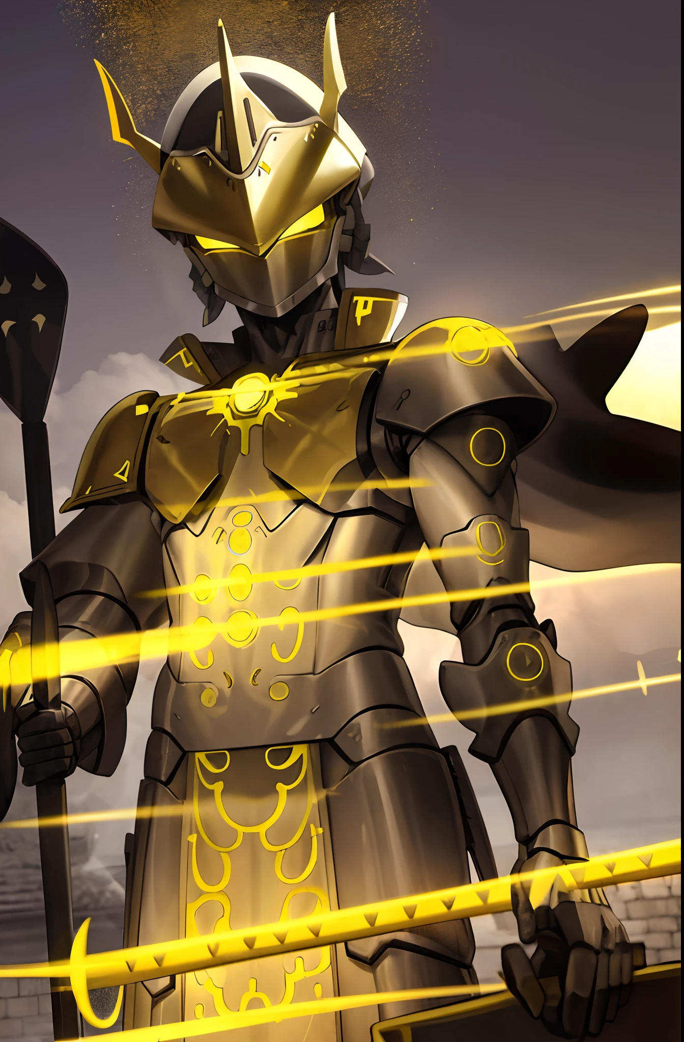 armaduras do e amarelo ,his hands hold a broad spear of heavy armor, militar, uniforme militar Amarelo, uma luz vermelha ardente: 1.2, os olhos emitem luz vermelha deslumbrante: 0.8, desenho bidimensional 3D, the yellow military robe near his shoulders sways with the wind, desenho de anime, Chiaroscuro, efeitos especiais de luz, mecha detalhado e requintado, Military cap Mecha on head, fonte de luz nos olhos