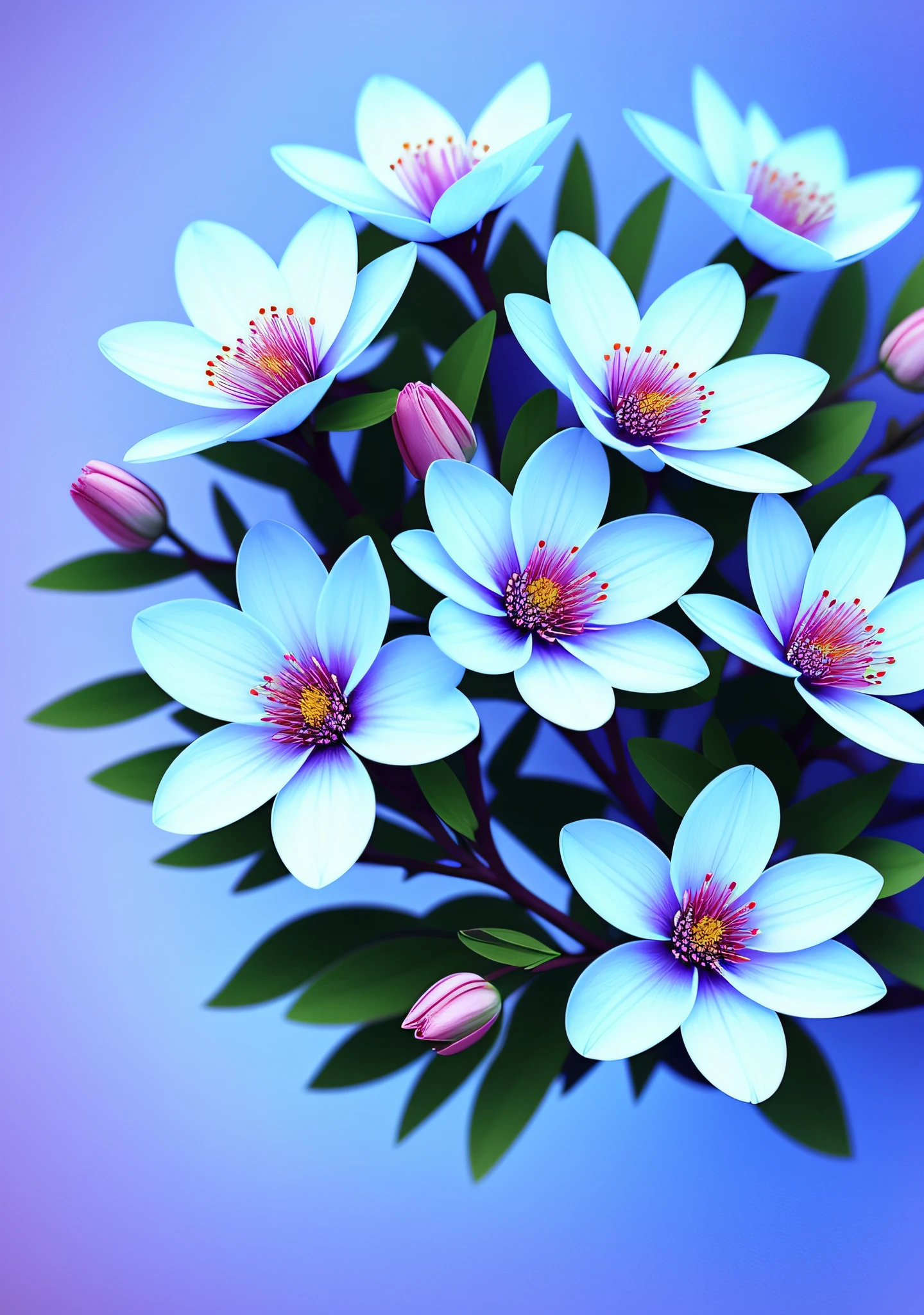 Close-up of a bouquet of flowers on a branch，paul barson，Light blue petals，blossoms，beautiful digital artworks，beautiful digital art，flowers and blossoms，surreal waiizi flowers，beautiful  flowers，flowers in full bloom，flowers with intricate detail，Incredibly beautiful，beautiful art，beautiful composition 3 - d 4 k，gorgeous digital art，SakuraNS