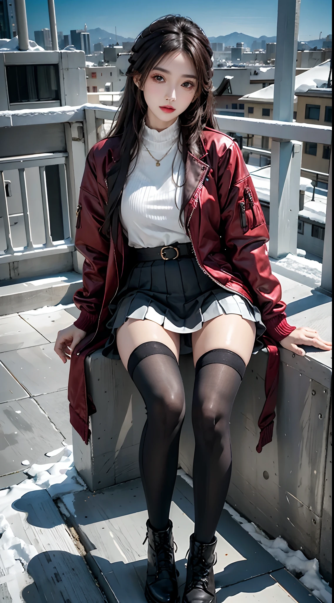 photorealistic, high resolution, 1women, solo, sitting at balcony, look at viewer, (detailed face), colorful street wear, jacket, skirt, thighhighs, tattoo, jewelry, snowy night