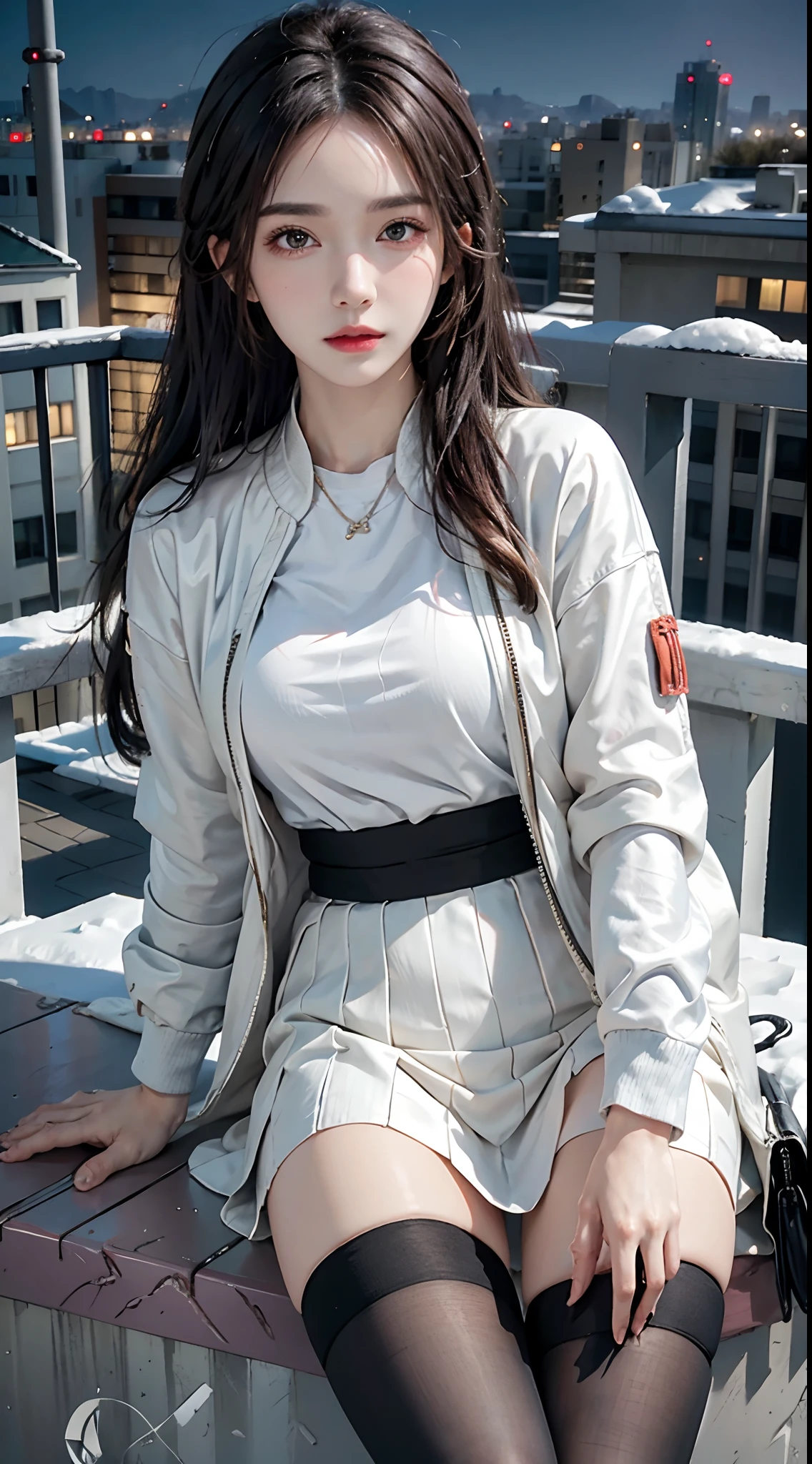 photorealistic, high resolution, 1women, solo, sitting at balcony, look at viewer, (detailed face), colorful street wear, jacket, skirt, thighhighs, tattoo, jewelry, snowy night