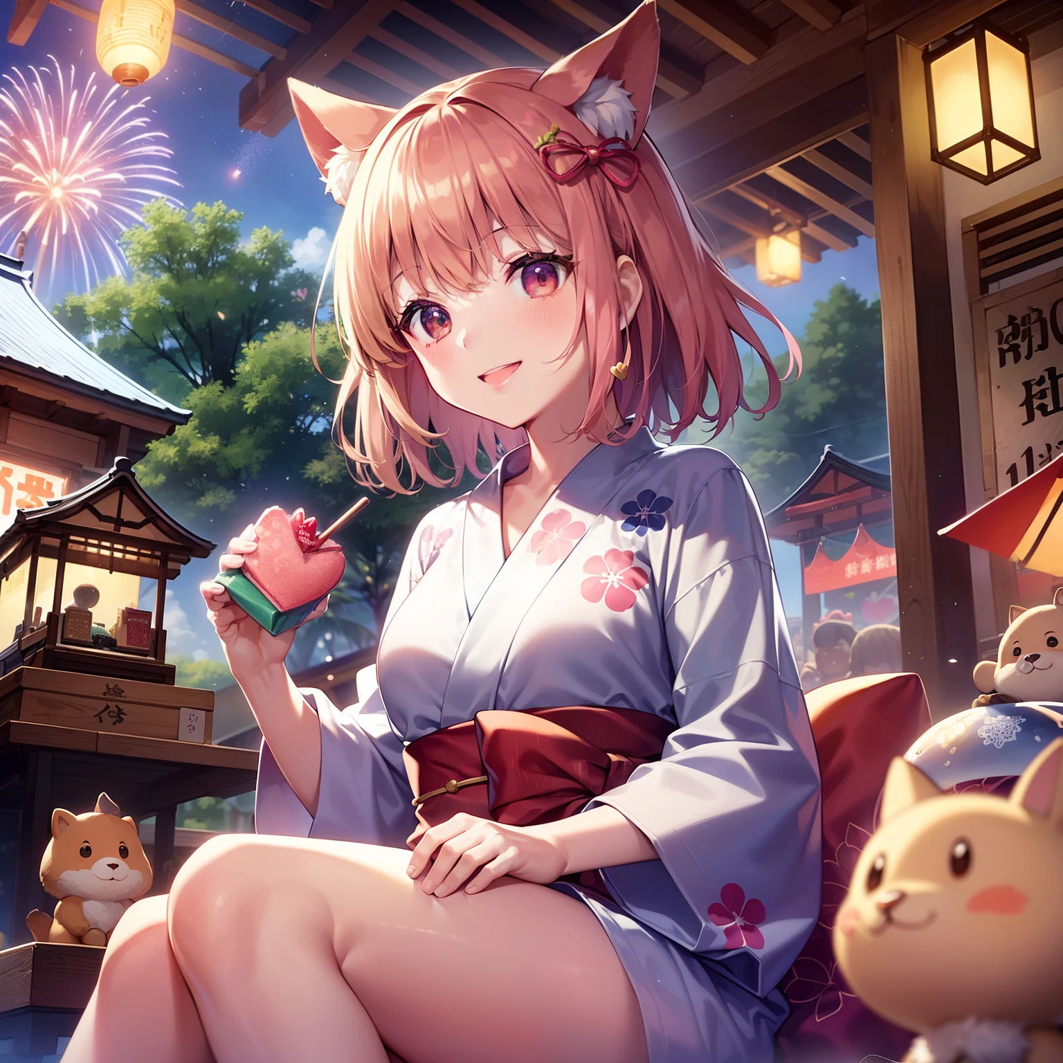 (Summer Festival: 1.3 + Festival: 1.2 + Forest Festival: 0.9), Forest Animals, (Anthropomorphic Animals), (Cute Animals), (Everyone Smiling), (Fireworks, Comedy, Food Food), Shaved Ice, (Swimsuit, Yukata), (Dreamland), (Beautiful Sky),(Gentle Wind),(More Greenery),(Less People: 0.8),(Direction: "+ Heart Stamp +":1.3+Music:1.1+Hanamaki:1.3)