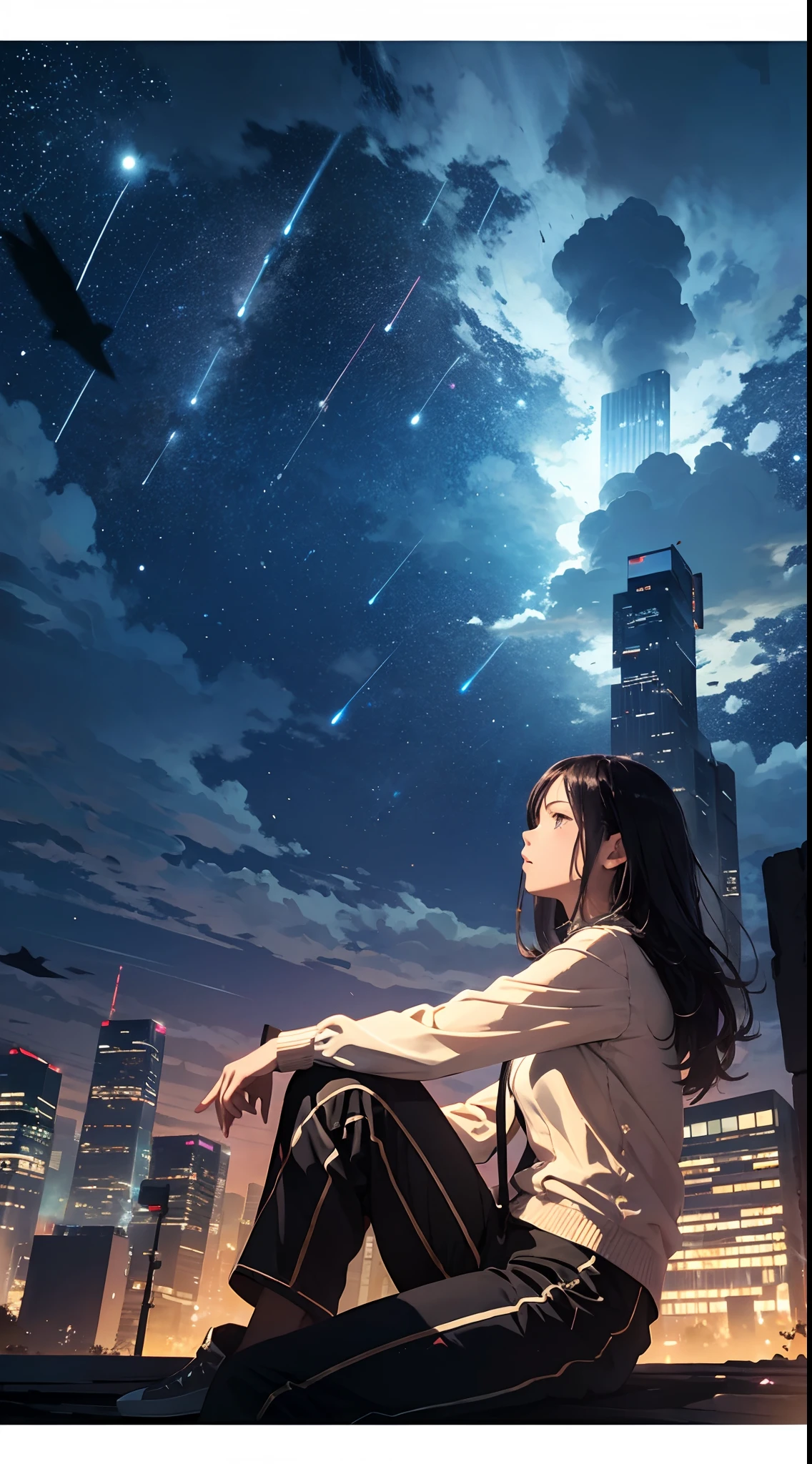 octans, sky, star (sky), scenery, starry sky, night, 1girl, night sky, solo, outdoors, building, cloud, milky way, sitting, tree, long hair, city, silhouette, cityscape