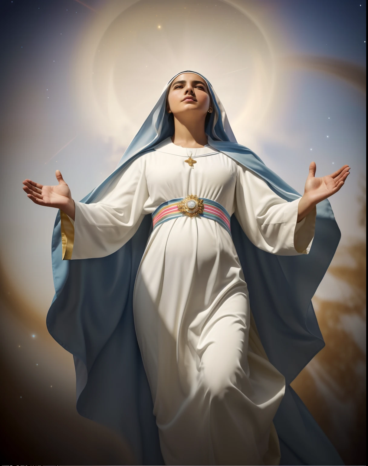 ((Blessed Virgin Mary. 19 years old))) ((( Con una cara seria y piadosa. Con una mirada dulce y tierna))) (obra maestra, calidad superior, mejor calidad, arte oficial, beautiful and aesthetic: 1.2), (1girl), extremadamente detallado, (Arte fractal: 1.3), colorido, highest detailed, Cara perfecta, parte superior del cuerpo, HDR, (orando: 1.3), (golden lines of white coat: 1.2), galaxia, (rayas de luz), eye-catching visuals, (dynamic stripes, senderos luminosos: 1.2), colores vibrantes,