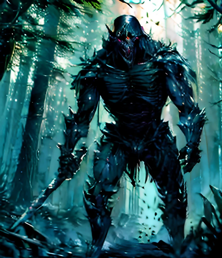 Pernas longas e corpo alto magro e escuro, Skeletal creature with a long sword in a twilight forest, RPG, horror, fantasia sombria