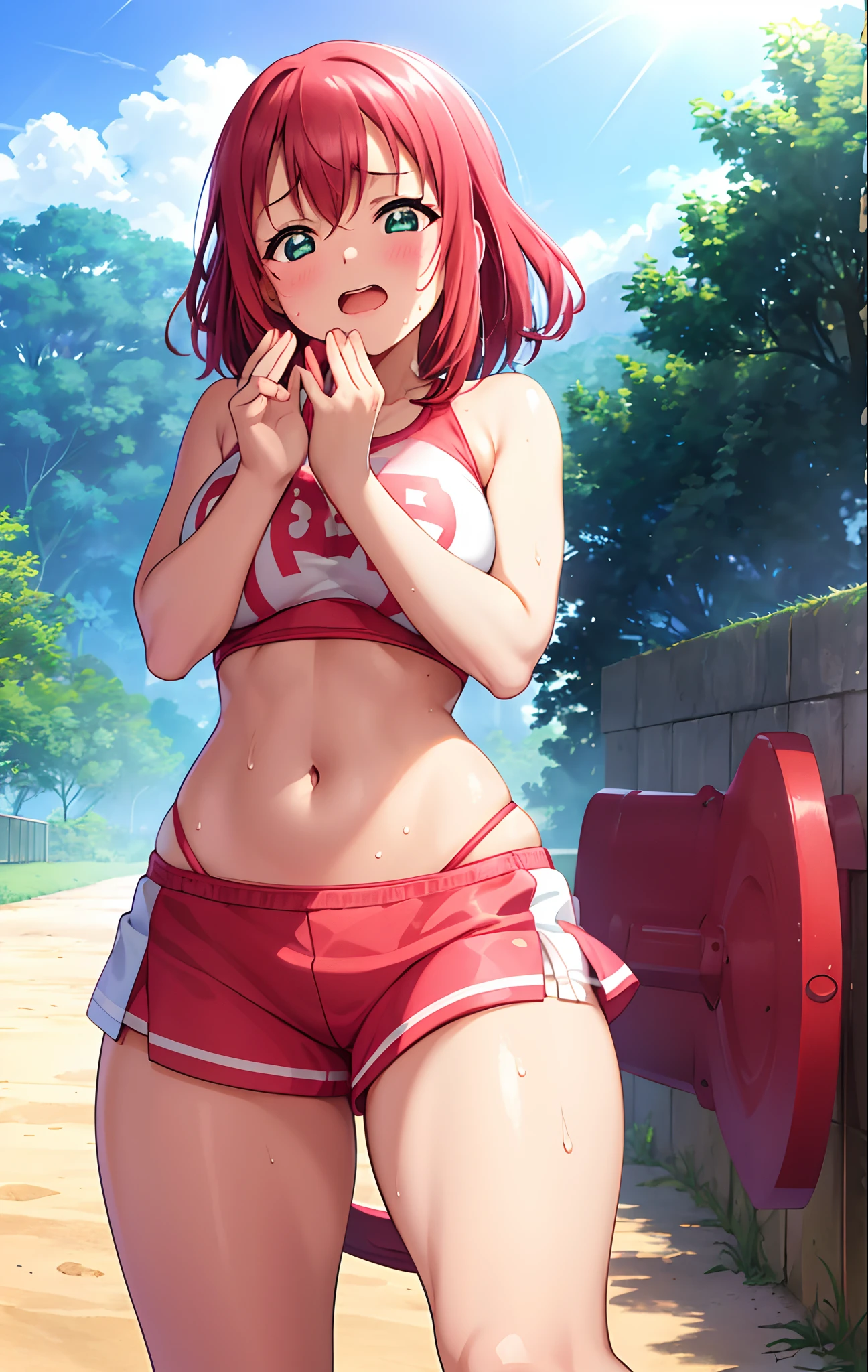 Kurosawa ruby,pink Crop top, white tight bikini ,soaked in sweat,sweaty, heavy breathing,red face,blunt hair,curvy body