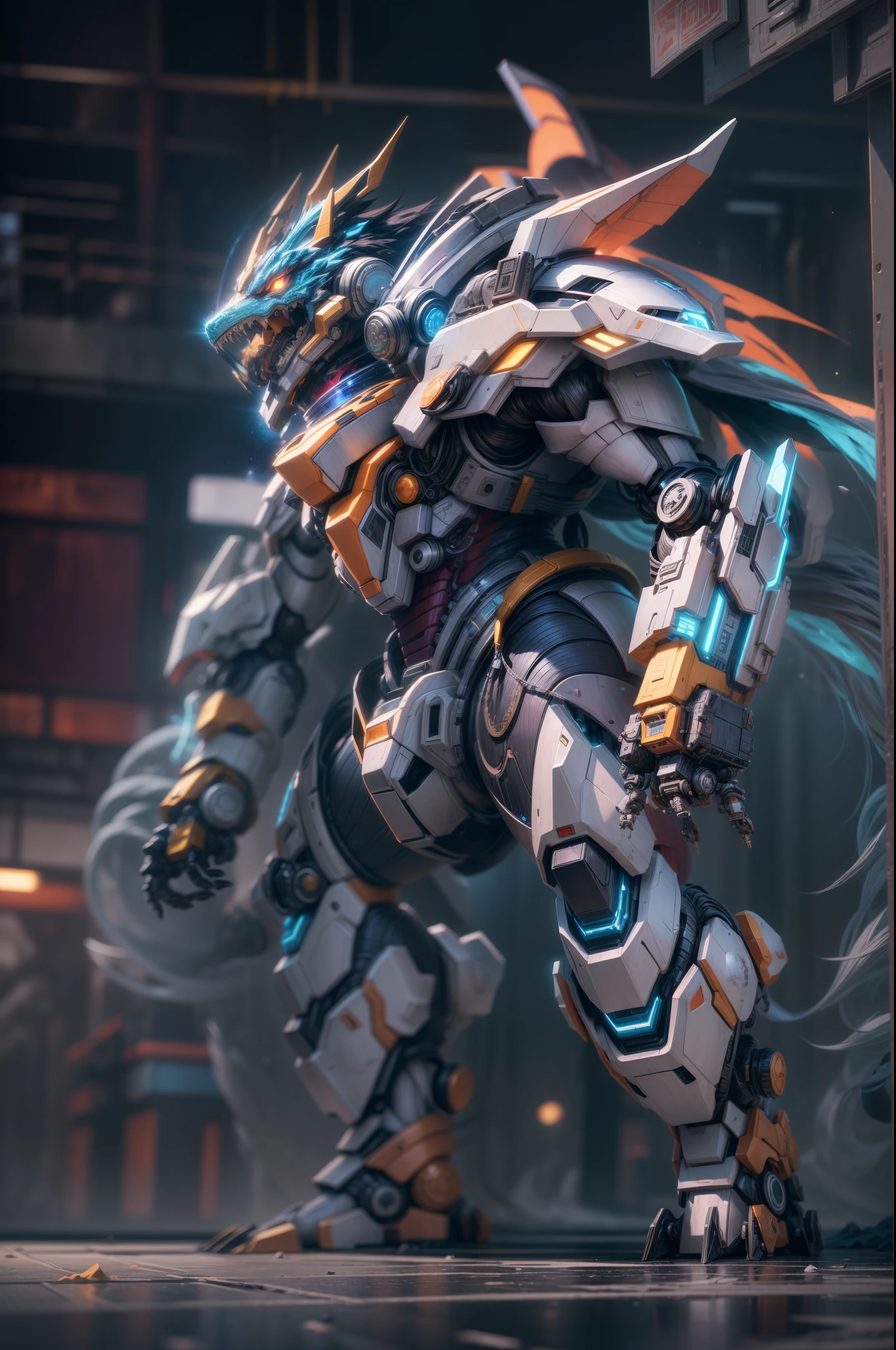 (space art),(anthropomorphism),(Full Body Shot), solo, 1 chinese dragon mecha warrior， wearing a mecha, standing on your feet,(extremely colorful, Best quality, high detailed, Masterpiece, Cinematic Lighting, 4K, Chiaroscuro)