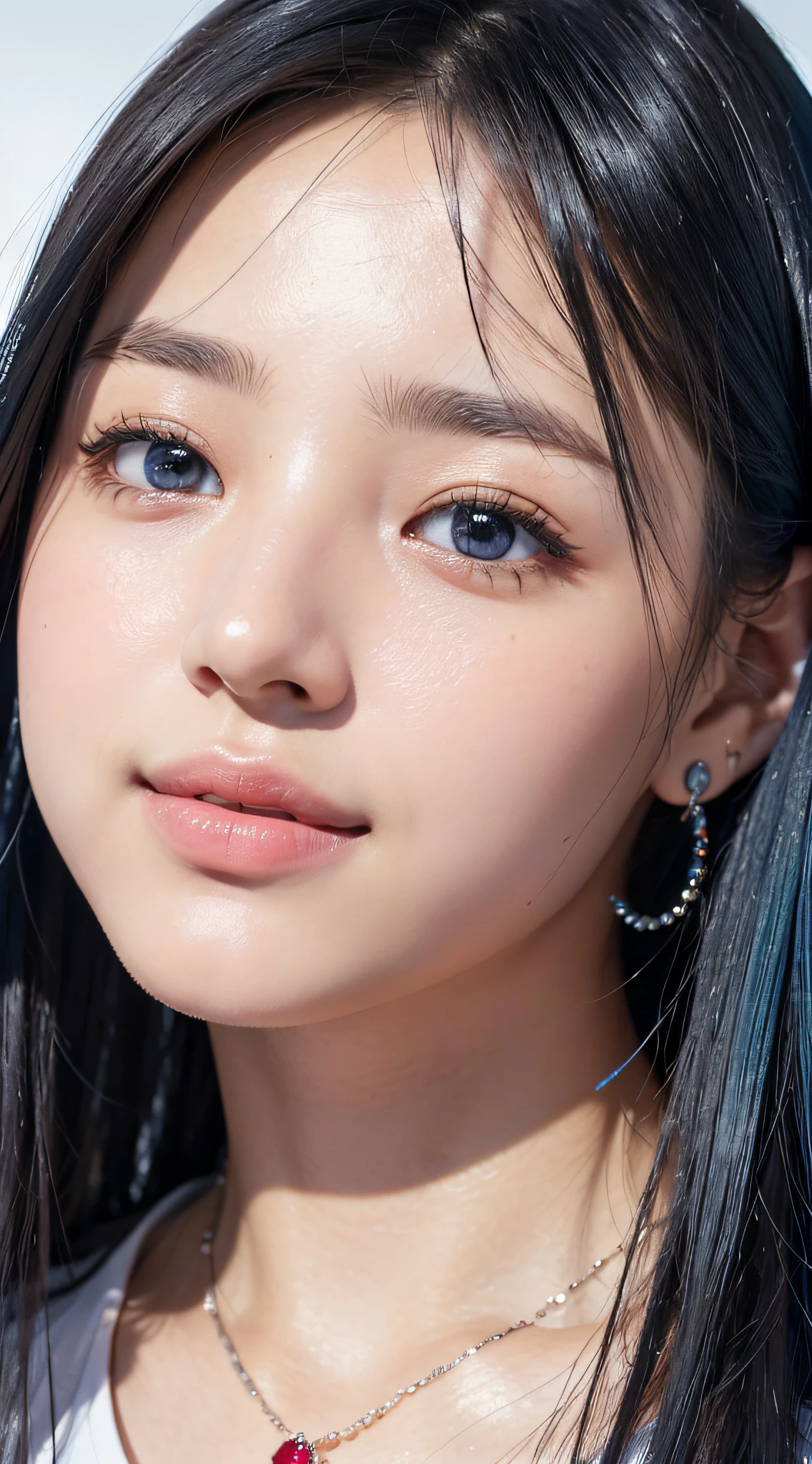 (a closeup:1.6), masterpiece, top-quality, 8K, absurderes, beautiful a girl, Clean face, looking at the viewers, A smile, Ruby Earrings, ruby necklace, Teen, cute little, (Glitter and smoky red eyeshadow and glitter, glazed pinkish red lips:0.8), A hyper-realistic, hight resolution, a picture, film grains, chromatic abberation, foco nítido, nffsw, face lights, Dynamic lighting, 电影灯光, Professional Shadows, simple background, (Dull blue background:1.3)、highestdetailed、Extreme details、ultra-detailliert、detaile、authentic skin、delicated facial features、detailed faces and eyes、Sharp pupils、Realistic pupils、(Black eye:1.0)、full bodyesbian、