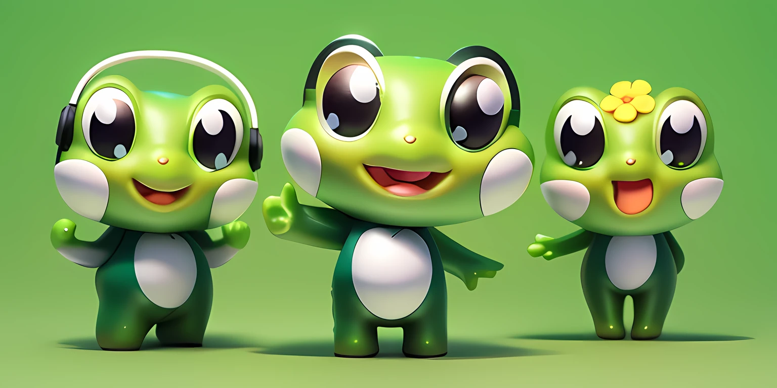 Best quality at best,tmasterpiece,A high resolution,Original,simplebackground,Cartoon frog with headphones and a flower, Green frog, shape of frogs,White belly,Blushlush,Black colored eyes