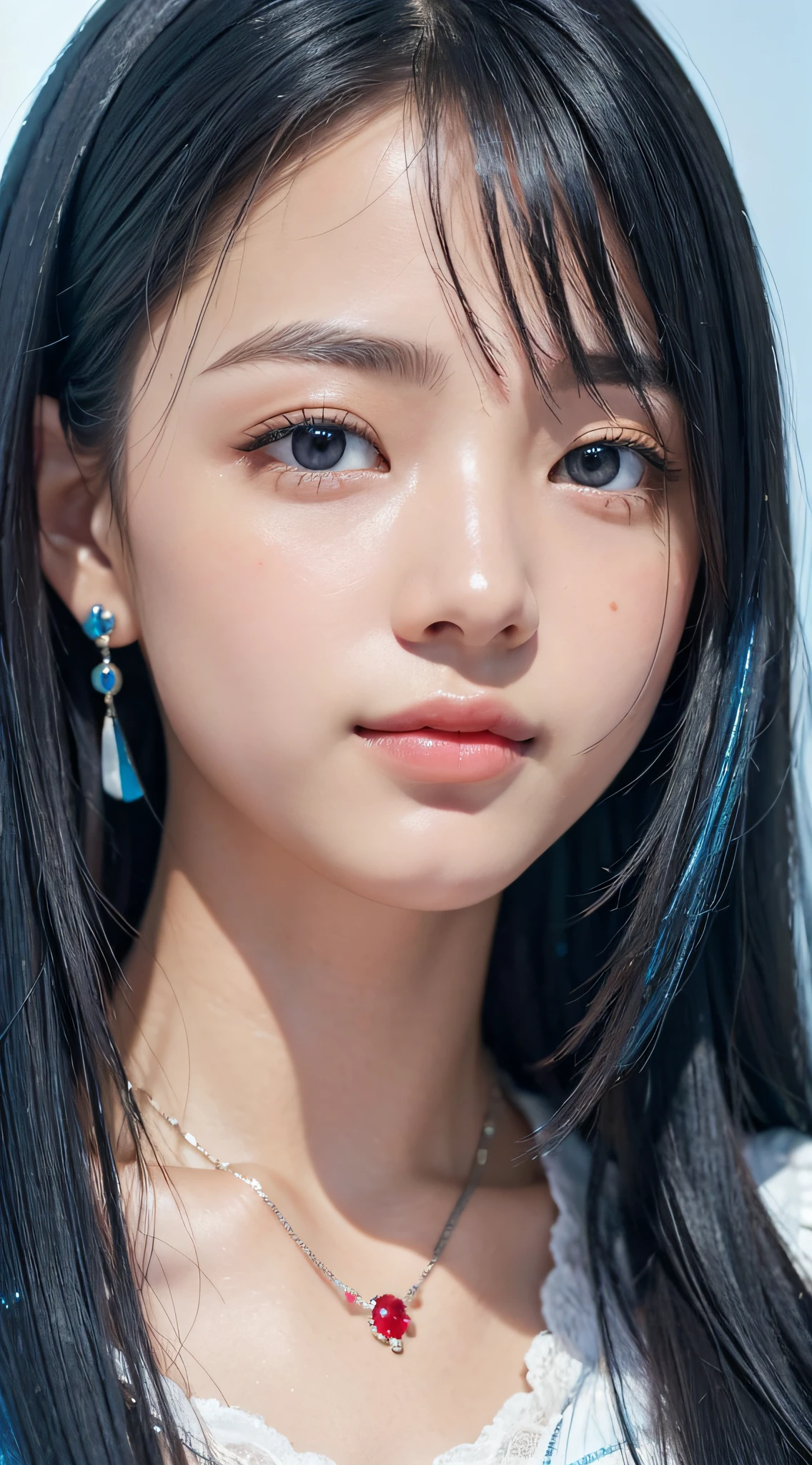 (a closeup:1.6), masterpiece, top-quality, 8K, absurderes, beautiful a girl, Clean face, looking at the viewers, A smile, Ruby Earrings, ruby necklace, , cute little, (Glitter and smoky red eyeshadow and glitter, glazed pinkish red lips:0.8), A hyper-realistic, hight resolution, a picture, film grains, chromatic abberation, foco nítido, nffsw, face lights, Dynamic lighting, 电影灯光, Professional Shadows, simple background, (Dull blue background:1.3)、highestdetailed、Extreme details、ultra-detailliert、detaile、authentic skin、delicated facial features、detailed faces and eyes、Sharp pupils、Realistic pupils、(Black eye:1.0)、full bodyesbian、