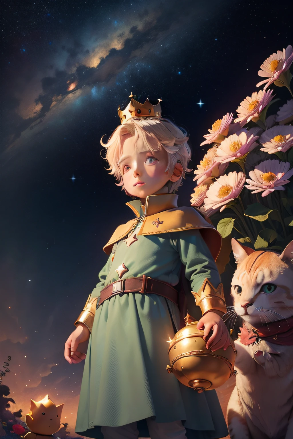 the little prince, with a charming crown on his head and a curious expression on his face, is on your planet, surrounded by colorful flowers and friendly animals. The starry sky and a bright, lost star catch your eye, showing the prince's willingness to embark on his adventure