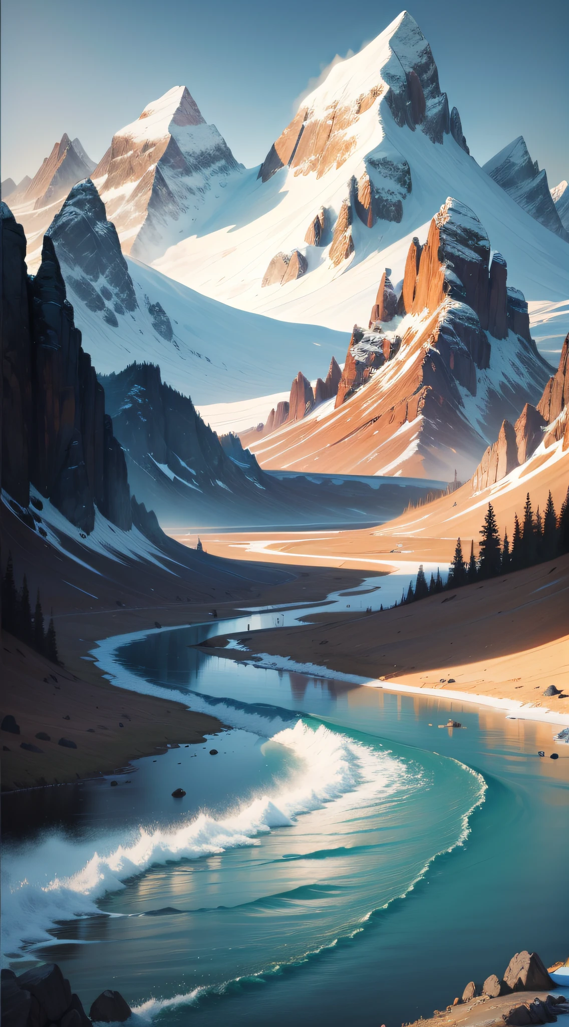 oil painted,Advancedsense,4k,Mountains and water,There are no characters