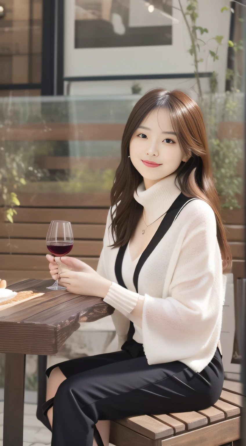 (tmasterpiece), (best qualityer), (Extremely Delicately Beautiful), (Beautiful exquisite eyes), Long hair with a shawl,silber hair , The ultimate perfect woman, Harmonious hand, tmasterpiece, perfect hand, fully body photo, sitted, Real Human, sitting behind a table,On the table is the perfect red wine bottle, goblet,Vineyard background, facing at camera,smiling expression, whitet-shirt,Black pantsuit, top views,holding a glass of red wine,1 woman,