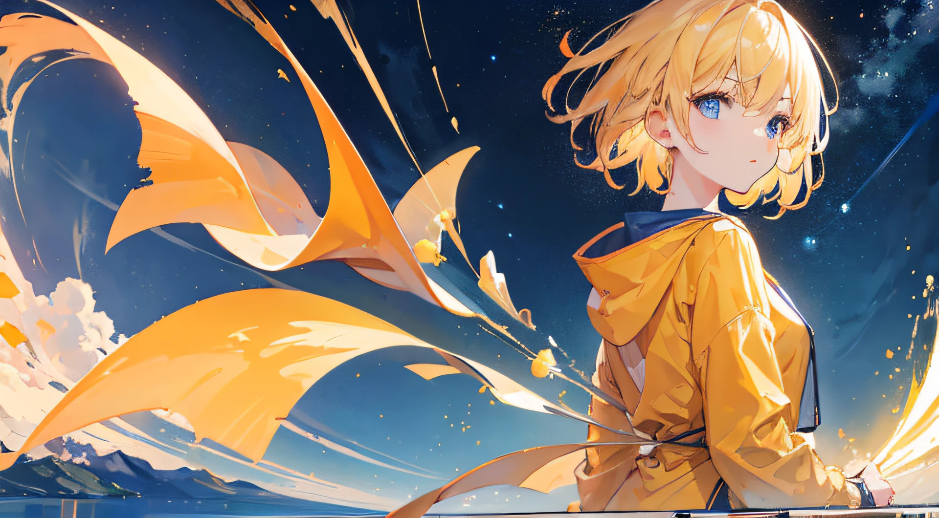 1girl, short light cream hair, blue eyes, wearing yellow jacket and plain orange shirt japan, pond, night sky, absurdres, high res, ultrasharp, 8K, masterpiece, looking at viewer