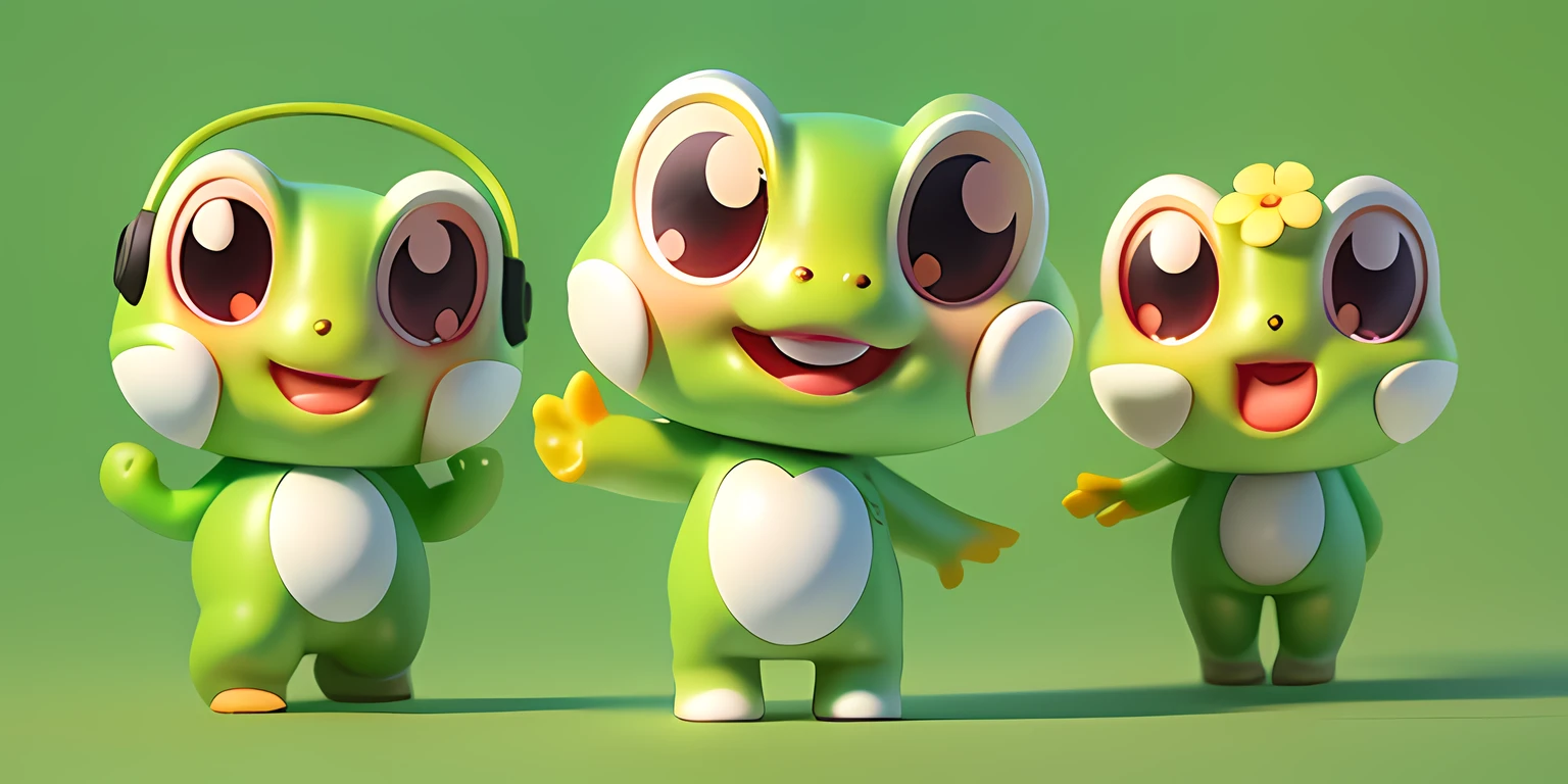The best picture quality,tmasterpiece,High- sharpness,Original,minimalistic background,Cartoon frog wearing headphones and a flower,The shape of a green frog,White belly,Cute red blush,Black eyes。