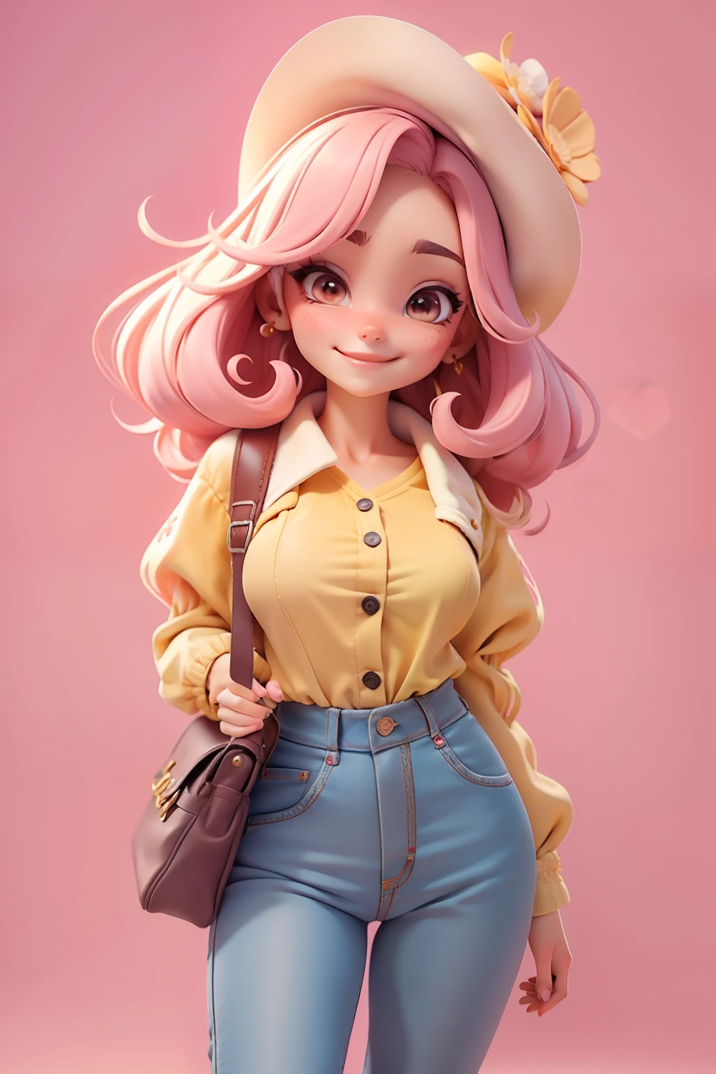 (obra-prima), (melhor qualidade), (ultra-detalhado), (corpo inteiro: 1.2), 1girl, cabelos longos amarelos, sorriso delicado, pele clara, olhos castanhos, holding a camera, photographer, jcamiseta branca, blaser rosa, jeans with folded bar, bonnet,flores, heartbreaker