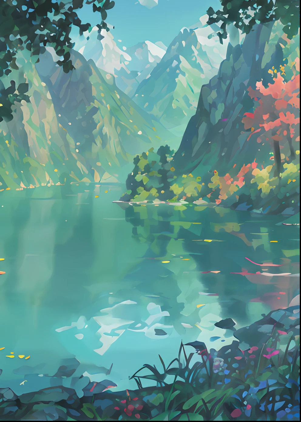 Chinese ancient times, spring, jungle, lake, cave, waterfall, tree, meadow, rock, deer, hot spring, water vapor, (illustration: 1.0), epic composition, realistic lighting, HD details, masterpiece, best quality, (very detailed CG unified 8k wallpaper)