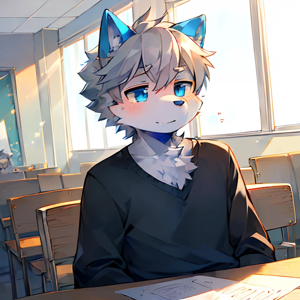 ((Solo)), charming scene of a (Furry furry) (o cachorrinho_Boy:1.5),，In class，In class！！Q version！！Q version characters！！eyes with brightness，Gray hair，blue color eyes，Cute drawing style，high saturated！！Furry male wolf, Male orange peel, blue color eyes, Gray hair(The long）
