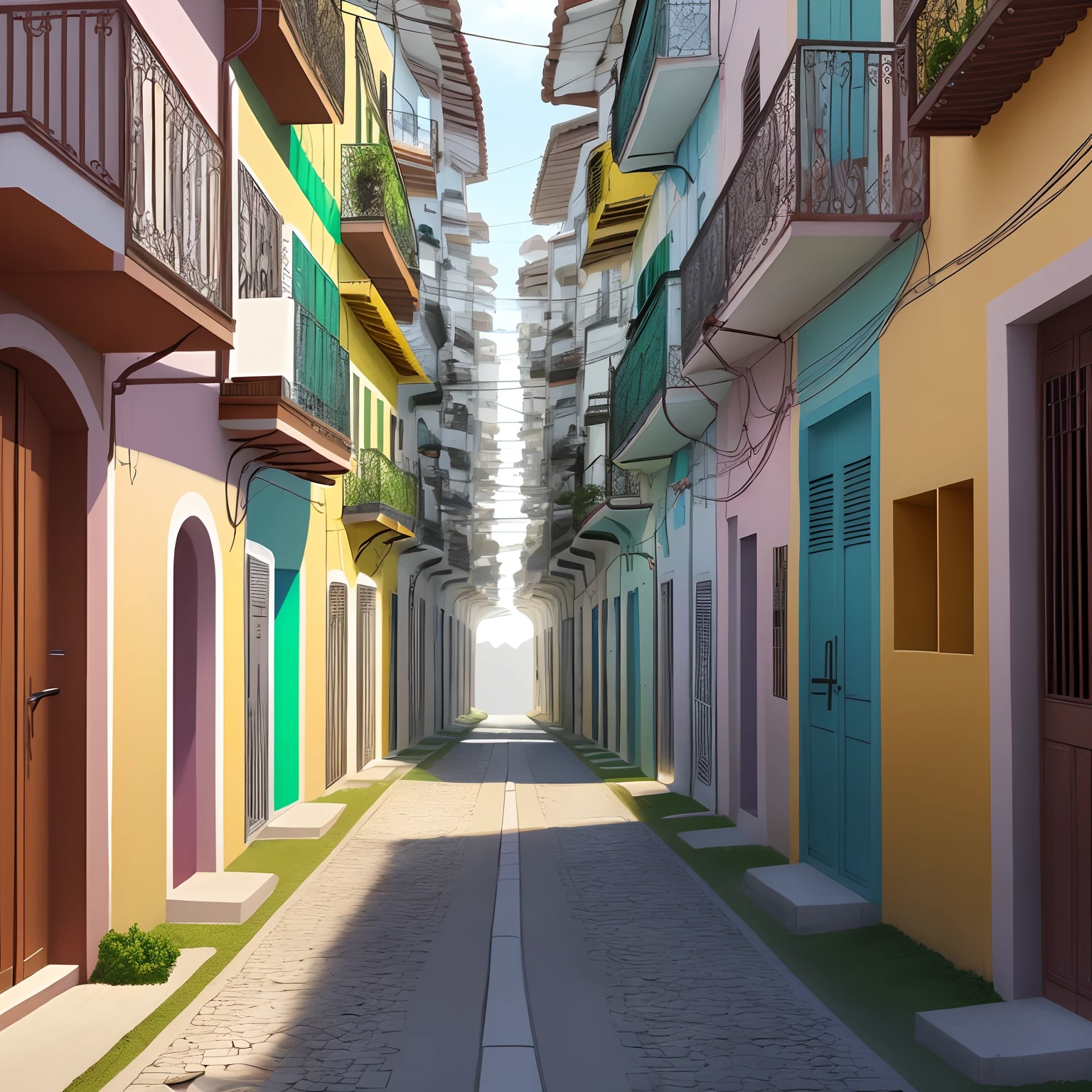 Bairro surreal com infinitos corredores e infinitas portas com tijolos aparentes, com muitas cores mas alguns lugares sao em preto e branco