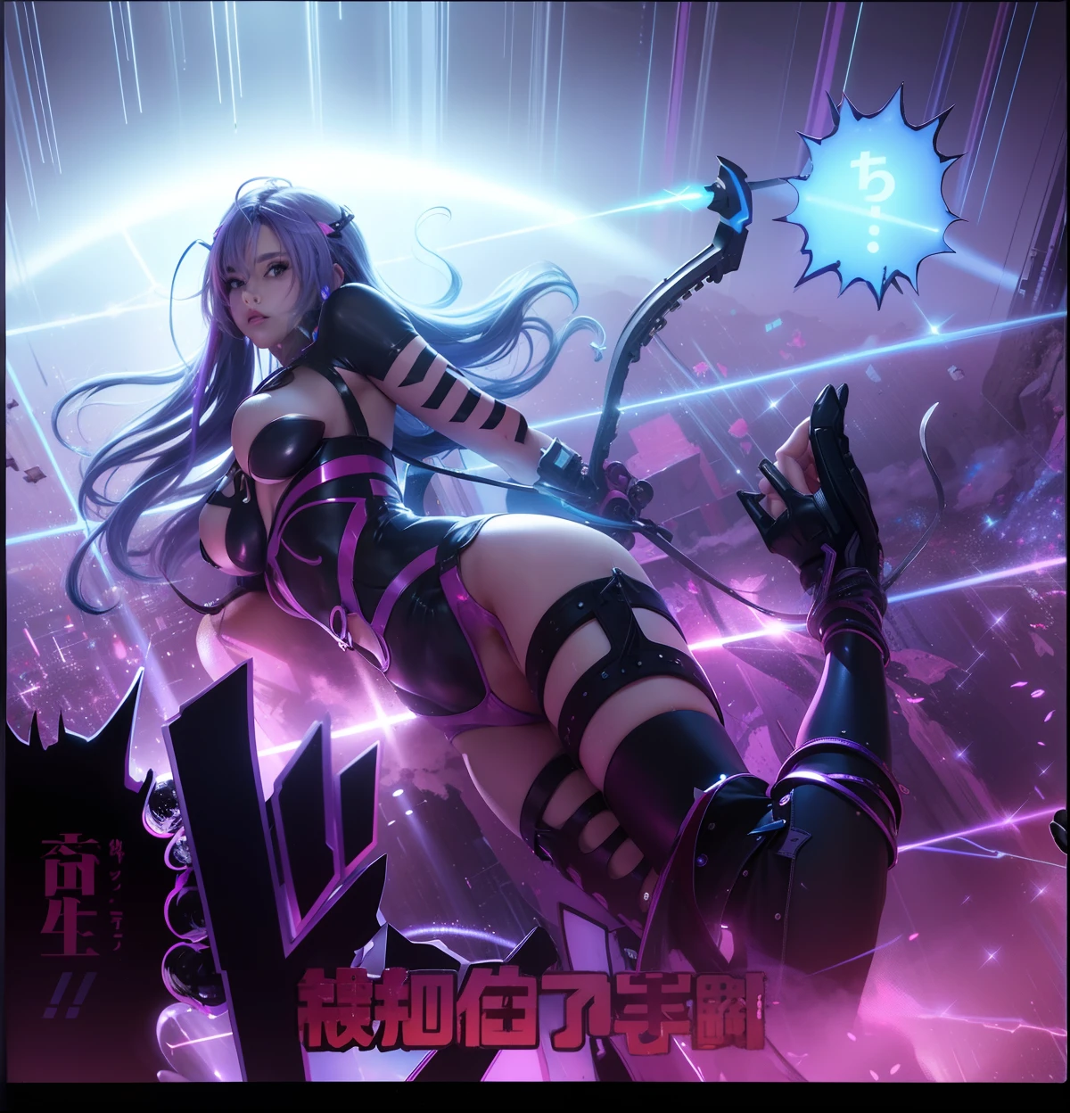 closeup cleavage，1个Giant Breast Girl，byself，[Dark blue and pink hair：Blue and pink hair：0.2]，cyber punk perssonage，high - tech，V，mechanicalparts，looking at viewert，黑The eye，long whitr hair，Glowing laser female super tech jumpsuit，Cyberpunk mechanical body parts，With a tattoo，Interior，Luminous laser earrings。 hight contrast， the night， black in color， [freckle：0.9]， Reflective transparent rainbow， long whitr hair， nedium breasts， Fair skin The face of the most beautiful European and American woman， seductiveexpression，（relaxed poses：1.5），eva，Complex background，Sony A6300，Extremely beautiful and gorgeous anime illustrations，Has a cinematic perspective，（relaxed poses：1. 5），eva，Complex background，Sony A6300，Extremely beautiful and gorgeous anime illustrations with a cinematic perspective。