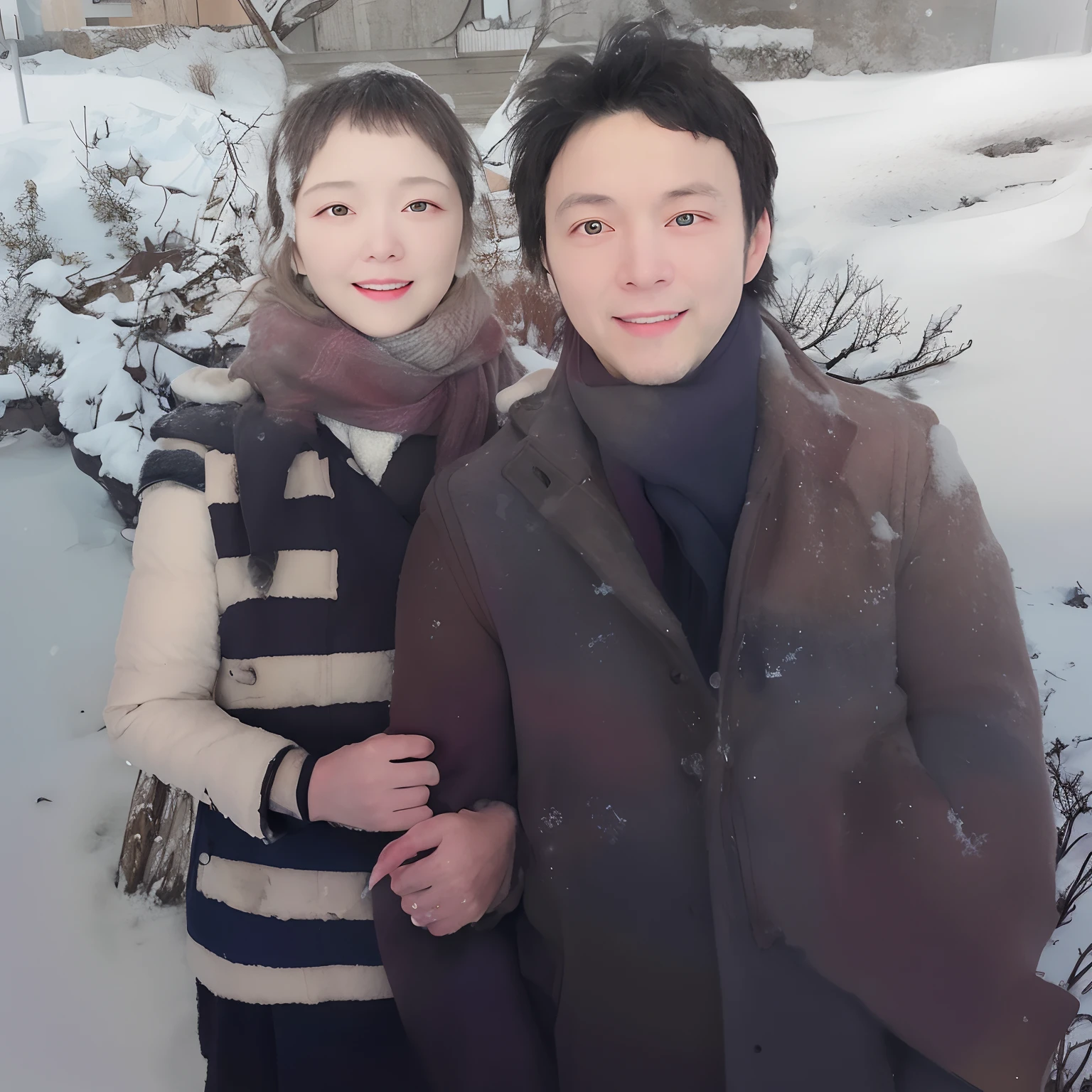 there are two people standing next to each other in the snow, ruan jia and, a colorized photo, digital art but photo,, colorized photo, photo-shopped, [ realistic photo ]!!, [ digital art ]!!, in snow,  wonderful, clarify hands, scarf, add color, 3d, real, light