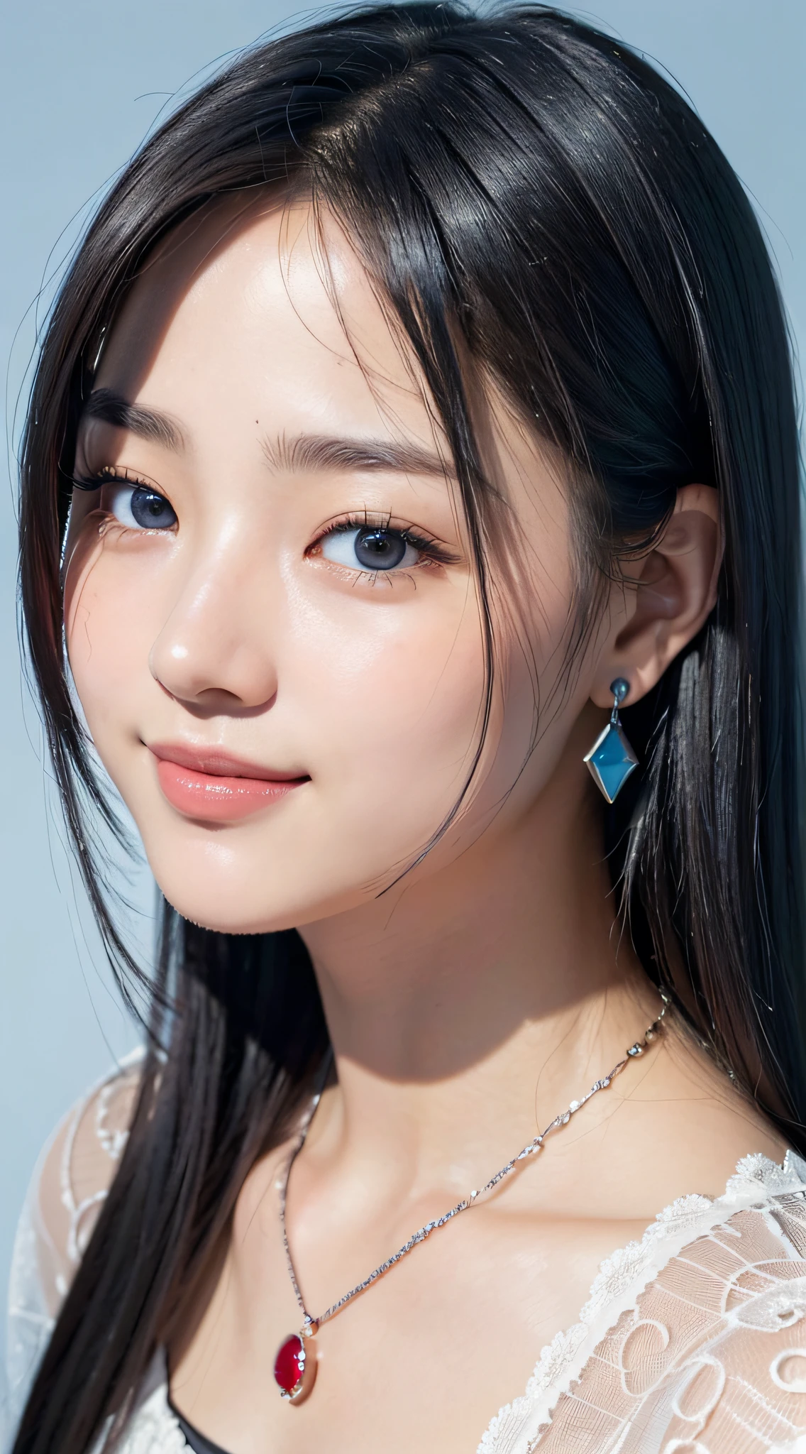 (a closeup:1.6), masterpiece, top-quality, 8K, absurderes, beautiful a girl, Clean face, looking at the viewers, A smile, Ruby Earrings, ruby necklace, , cute little, (Glitter and smoky red eyeshadow and glitter, glazed pinkish red lips:0.8), A hyper-realistic, hight resolution, a picture, film grains, chromatic abberation, foco nítido, nffsw, face lights, Dynamic lighting, 电影灯光, Professional Shadows, simple background, (Dull blue background:1.3)、highestdetailed、Extreme details、ultra-detailliert、detaile、authentic skin、delicated facial features、detailed faces and eyes、Sharp pupils、Realistic pupils、(Black eye:1.0)、full bodyesbian、Standing、