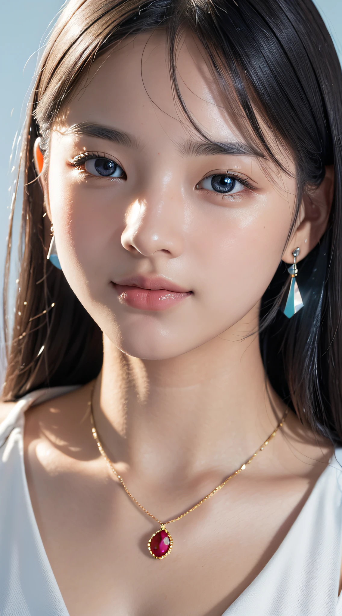 (a closeup:1.6), masterpiece, top-quality, 8K, absurderes, beautiful a girl, Clean face, looking at the viewers, A smile, Ruby Earrings, ruby necklace, Teen, cute little, (Glitter and smoky red eyeshadow and glitter, glazed pinkish red lips:0.8), A hyper-realistic, hight resolution, a picture, film grains, chromatic abberation, foco nítido, nffsw, face lights, Dynamic lighting, 电影灯光, Professional Shadows, simple background, (Dull blue background:1.3)、highestdetailed、Extreme details、ultra-detailliert、detaile、authentic skin、delicated facial features、detailed faces and eyes、Sharp pupils、Realistic pupils、(Black eye:1.0)、full bodyesbian、Standing、