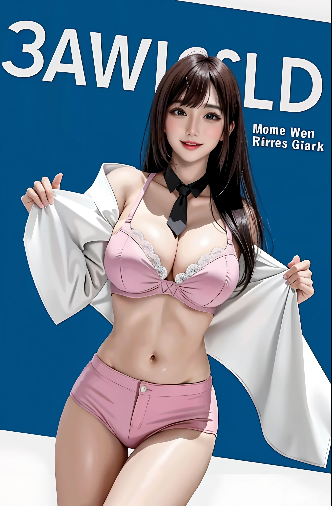 (top-quality、​masterpiece)、Cover of women's gravure magazine、1girl in、A stunning、A sexy、barechested、an lingerie、A smile、a miniskirt、Texto、charted、advertisement、Adult Video Titles、(((Colossal tits)))、large full breasts、Sheer areol、Pink underwear is visible、Show underwear、neck tie、I can see my chest a little