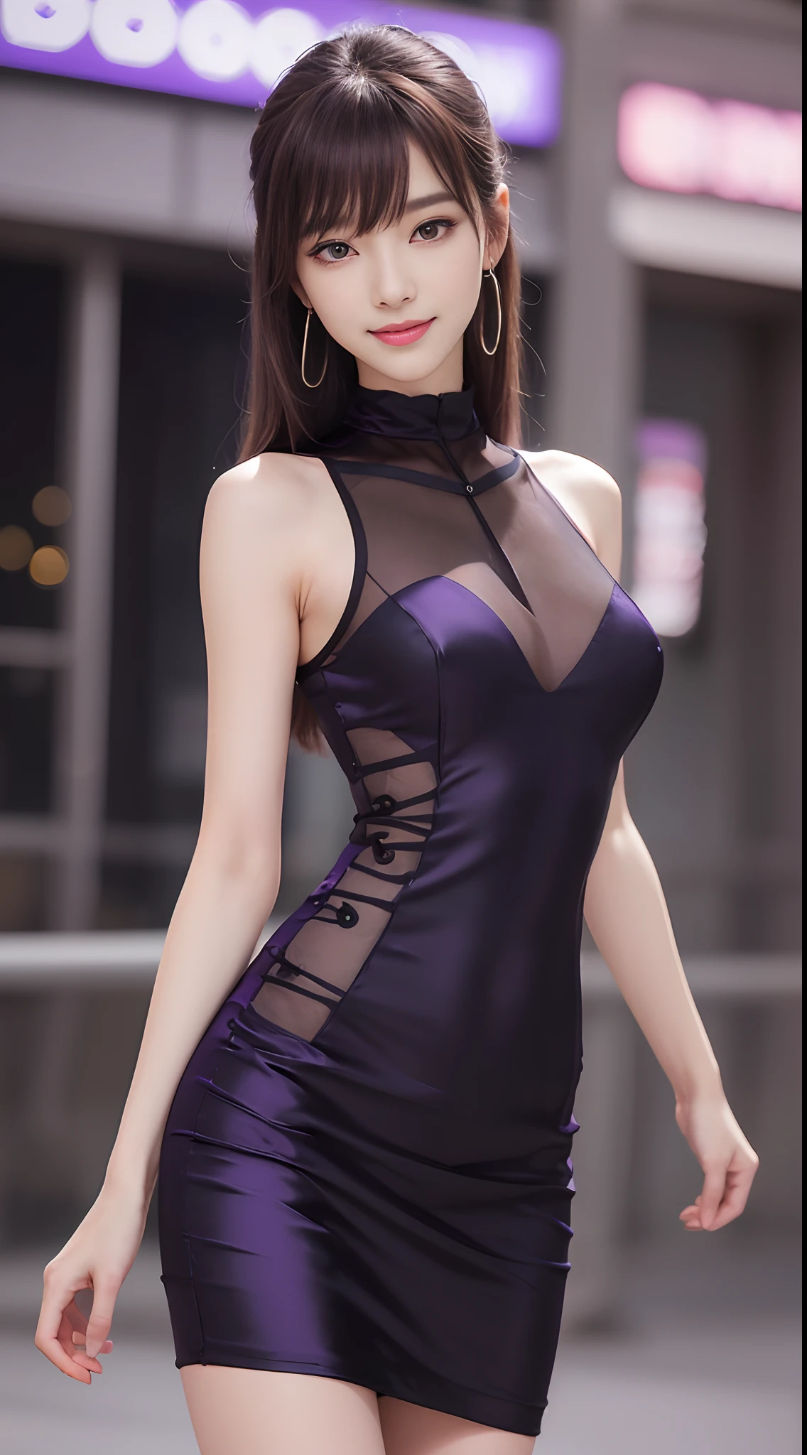 8k, masterpiece, RAW photo, best quality, photorealistic, extremely detailed CG unity 8k wallpaper, Depth of field, Cinematic Light, Lens Flare, Ray tracing, (extremely beautiful face, beautiful lips, beautiful eyes), intricate detail face, ((ultra detailed skin)) 1girl, in the dark, deep shadow, pretty korean girl, kpop idol, 1 girl, (very slim slender fit-muscled body:1.3), ((looking at viewer)),(big smile:1.3), (tight mini dress), (sleeveless) , (fashion city night, dark night, (neon sign), (blurred background), fashion street night),(without people in the background:1.3), beautiful earrings, bracelets, necklace, pantyhose, clear eyes, walking , front shot, (pale skin), (big eyes), face forward, (full body shot), ((silk purple, black color dress:1.3)),(brown hairs), (see through), (looking at viewer:1.3) open breast, very slim, medium breasts, hermes bag