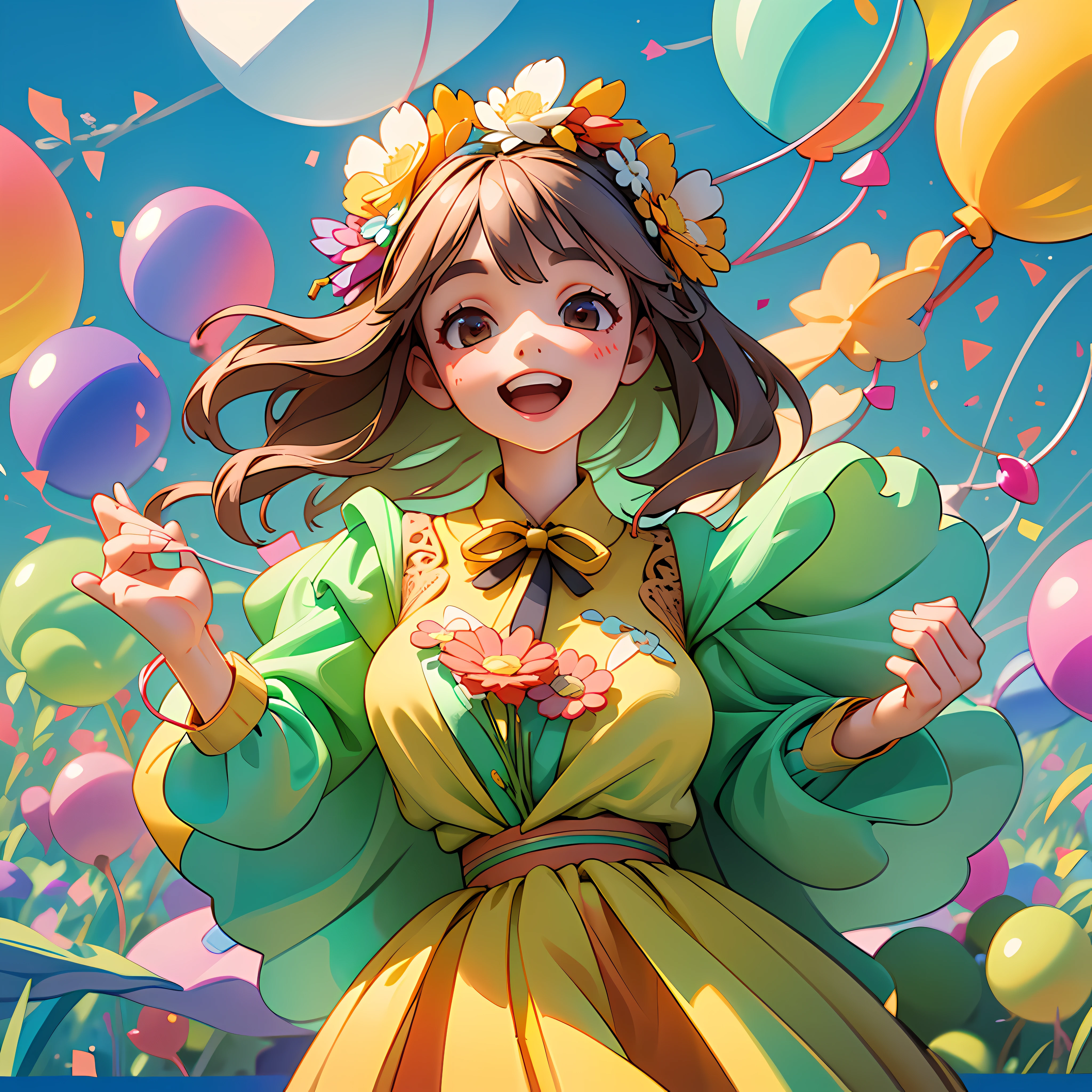 A girl holding flowers, colorful balloons floating in the sky, meadow, dancing, holding flowers, happy, happy, perfect quality, clear focus (clutter-home: 0.8), (masterpiece: 1.2) (Realistic: 1.2) (Bokeh) (Best quality) (Detailed skin: 1.3) (Intricate details) (8K) (Detail Eyes) (Sharp Focus), (Happy)