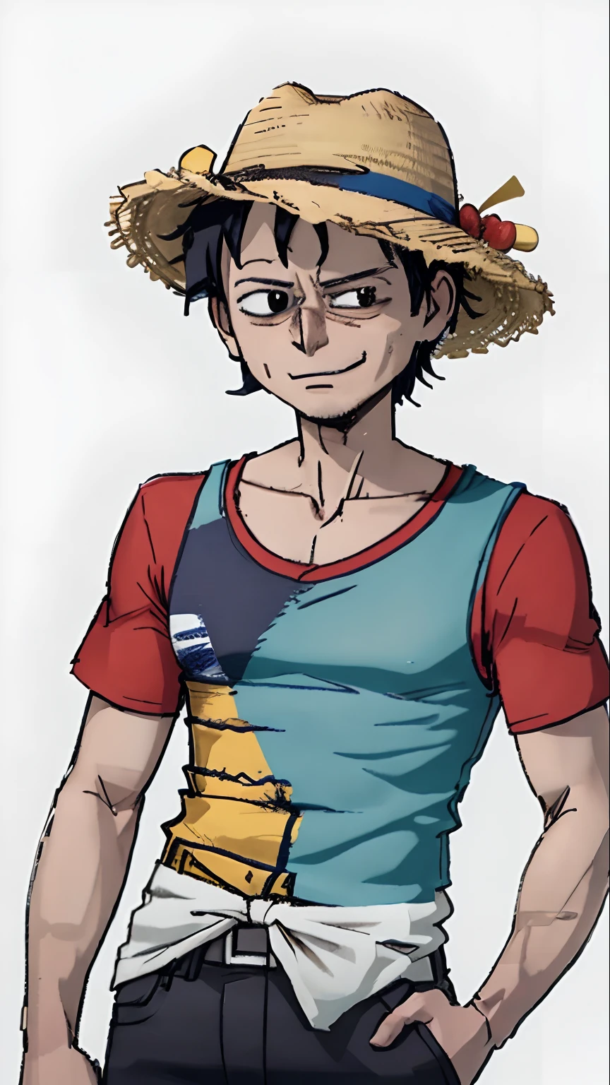 52 years old,man,Striped shirt clothing, Luffy's straw hat,perfectquality,Clear focus,extremely colorful,Perfect face,complexdetails,White background,frontage