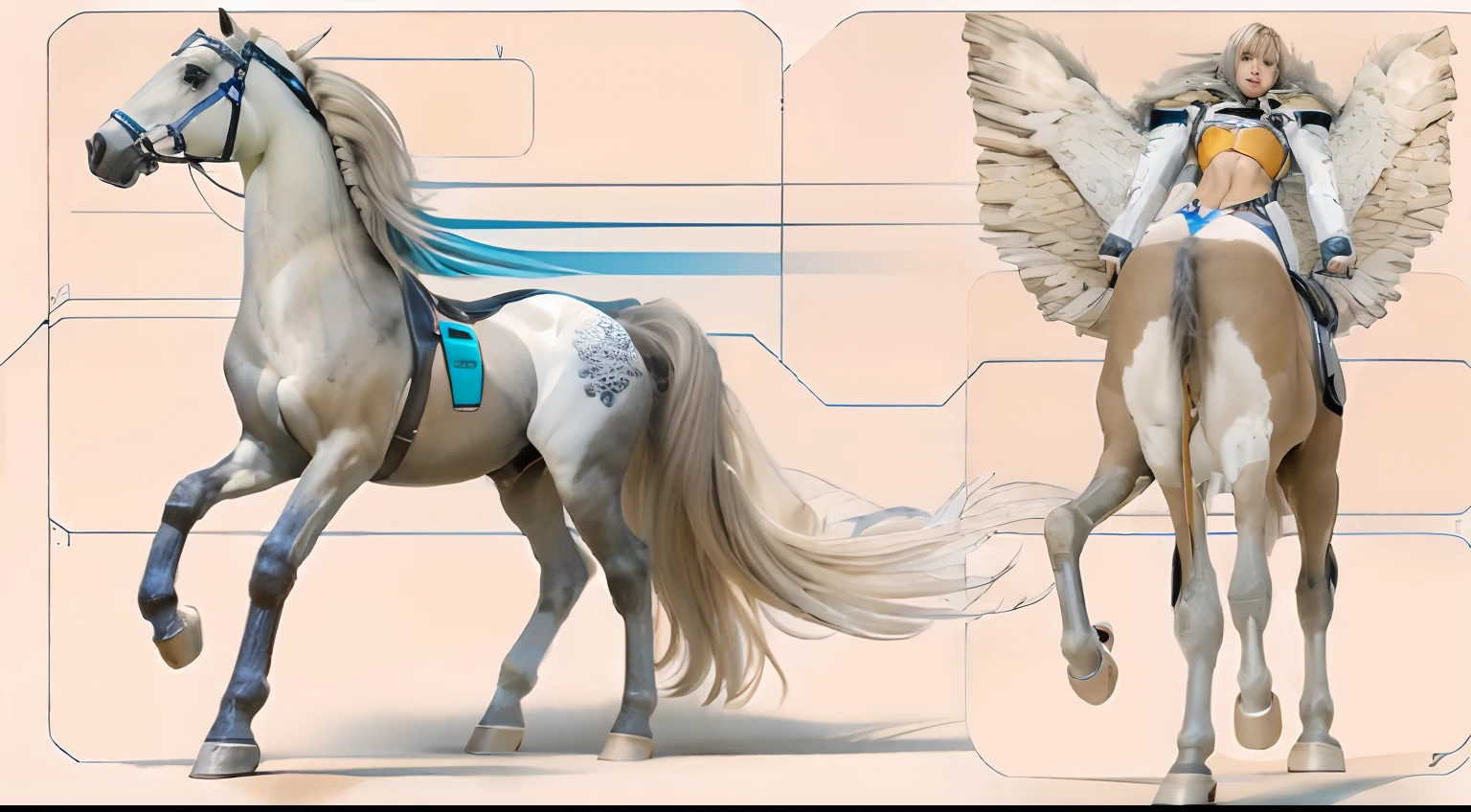 A female centaur,She is famous in the multiverse,She is both a female centaur, half human, half horse, half horse,It is also a female Yingzhao。She blends both images,The first is the head of a horse/neck/Shoulder these parts,After feminization,The upper body transforms into a beautiful female human,Female, half-centaur, half-human, half-horse, half-human,The second is the waist of the horse/hason/gluteal/Legs feminine,Female half-horse with beautiful woman's,Chimer,It's like a female human wearing a half-horse-like costume and making a seamless chimera,This chimerization is based on powerful futuristic technology。The ultra-wide-angle lens captures the image of her beautiful and ethereal wings on the ionosphere launching a super-high-speed charge and leaping。Her front half is distinctly feminine,Tall sexy body,Has K cup teardrop-shaped giant tit chest,It has a small man's waist butterfly spanning long legs,The half-horse part of the hind body,Embedded interface at the hip position。Her horse-shaped part has female physiology and ergonomics on both the half-horse torso and hips and legs。The chest cavity of a woman in the shape of a bent dog style embedded in the lower back position of the beautiful woman's body starting from the upper part of the sternum/lower back/Ventral transverse。Then there are the sexy beauty's upright hips,Her entire body has been completely feminized,Including the half-horse part。Mechanized armor covers the legs with knee-shaped anti-joints and feet,And these parts are highly anthropomorphic,This makes her legs graceful and slender,Her four horse legs exploded in length proportions and was slender and toned,Under the legs are skinny white feet dressed in Skyscraper Heels,Use Midjourney's advanced stroke tools and color palettes, as well as texture packs, model packs, and texture tools,Concentration,Include all parts of her original horse physiology including fur/Waist and abdomen/Hip legs/Leg Capital Feminization,And give these parts a correspon