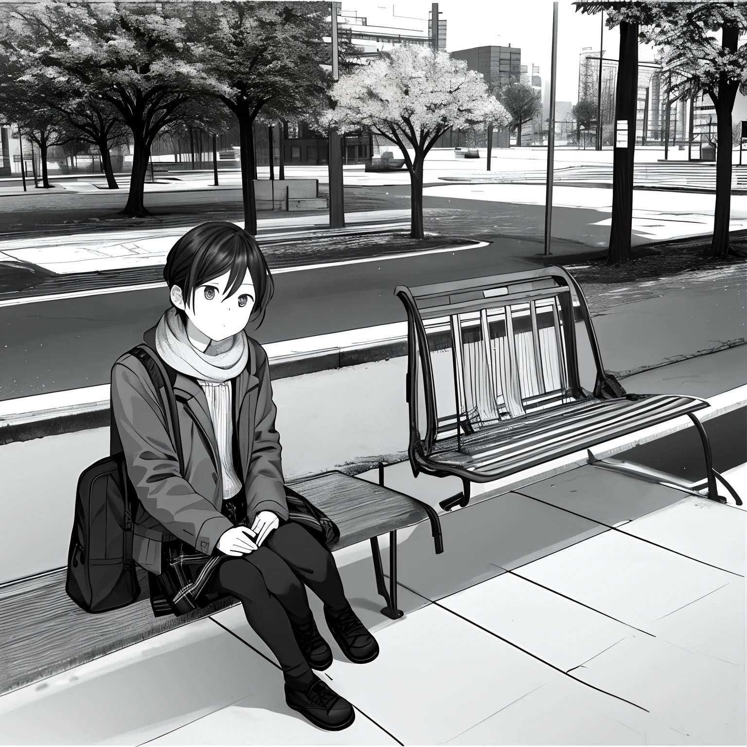 Sitting on a park bench,Seems to be devoid of purpose and motivation,The expression is cold。