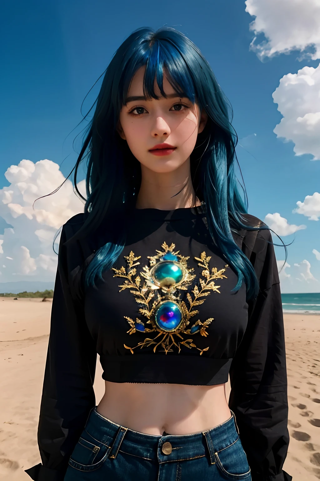1girll, Masterpiece, Best quality, extremely detaile, Cinematic lighting, intricately details, A high resolution, offcial art, finely detailed beautiful face and eyes, high-resolution illustrations, 8K, Dark intense shadows, Overexposure, Blue hair, bangs, Black shirt, navel, Crop top, Large breasts, Black jeans, Super strong shirt, underboobs, (Smug), Blue sky, Clouds