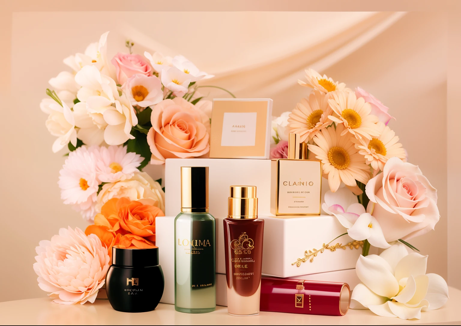 There are many different types of cosmetics and flowers on the table, flowers and gold, beauty campaign, Intense, exquisite fine details, vintage glow, Skincare, The most beautiful, cosmetics, Exquisite details, Vignette, exquisitedetails, bautiful, skin care, shades of gold display naturally, exquisite floral details, insanely beautiful, Beautiful look, Soft glow, immaculate complexion