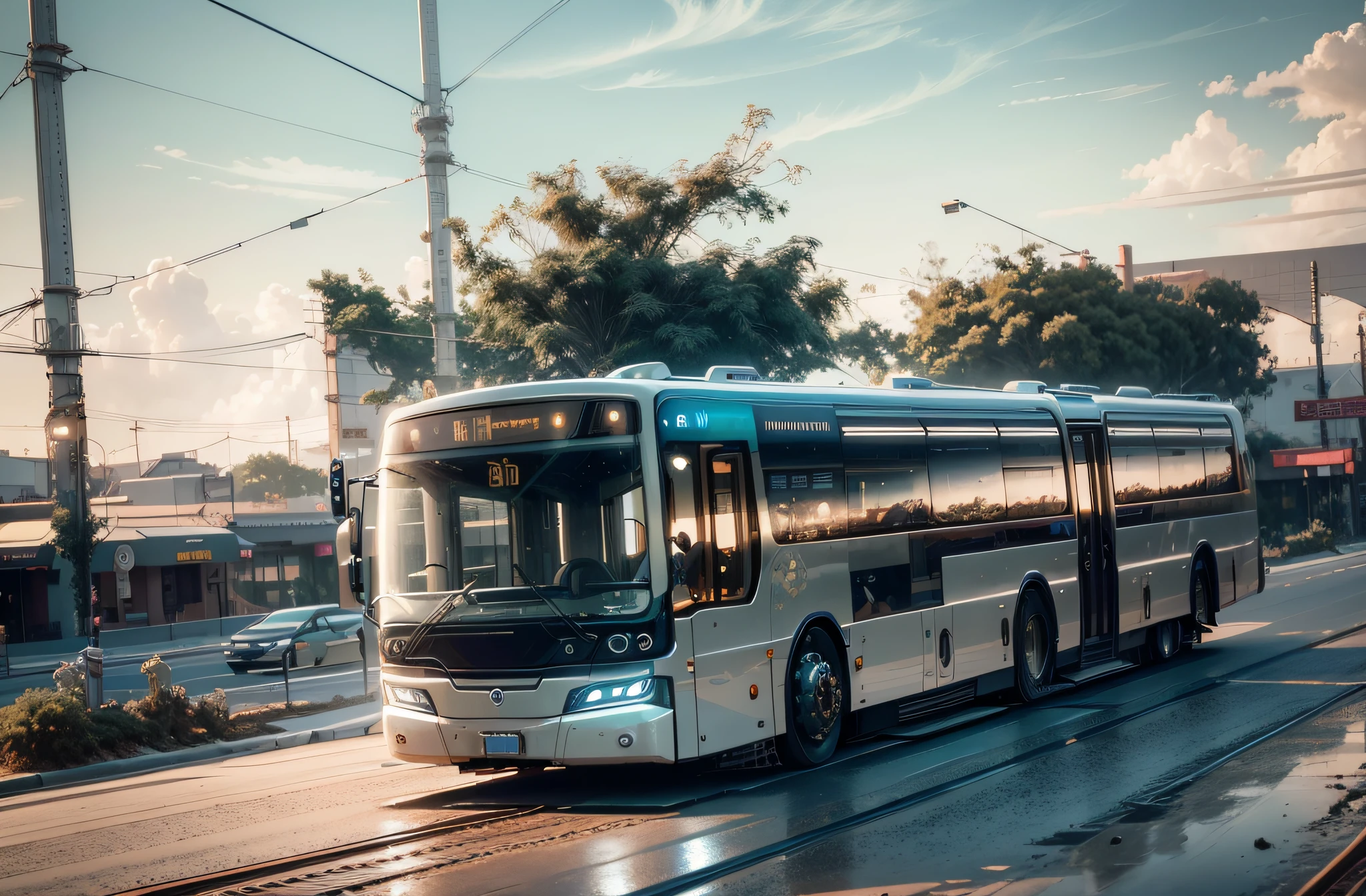 futuristic articulated bus, brancos de fundo, Corpo Steampunk, detalhes intrincados, Magnificent, cinemactic, high resolution, 4k,