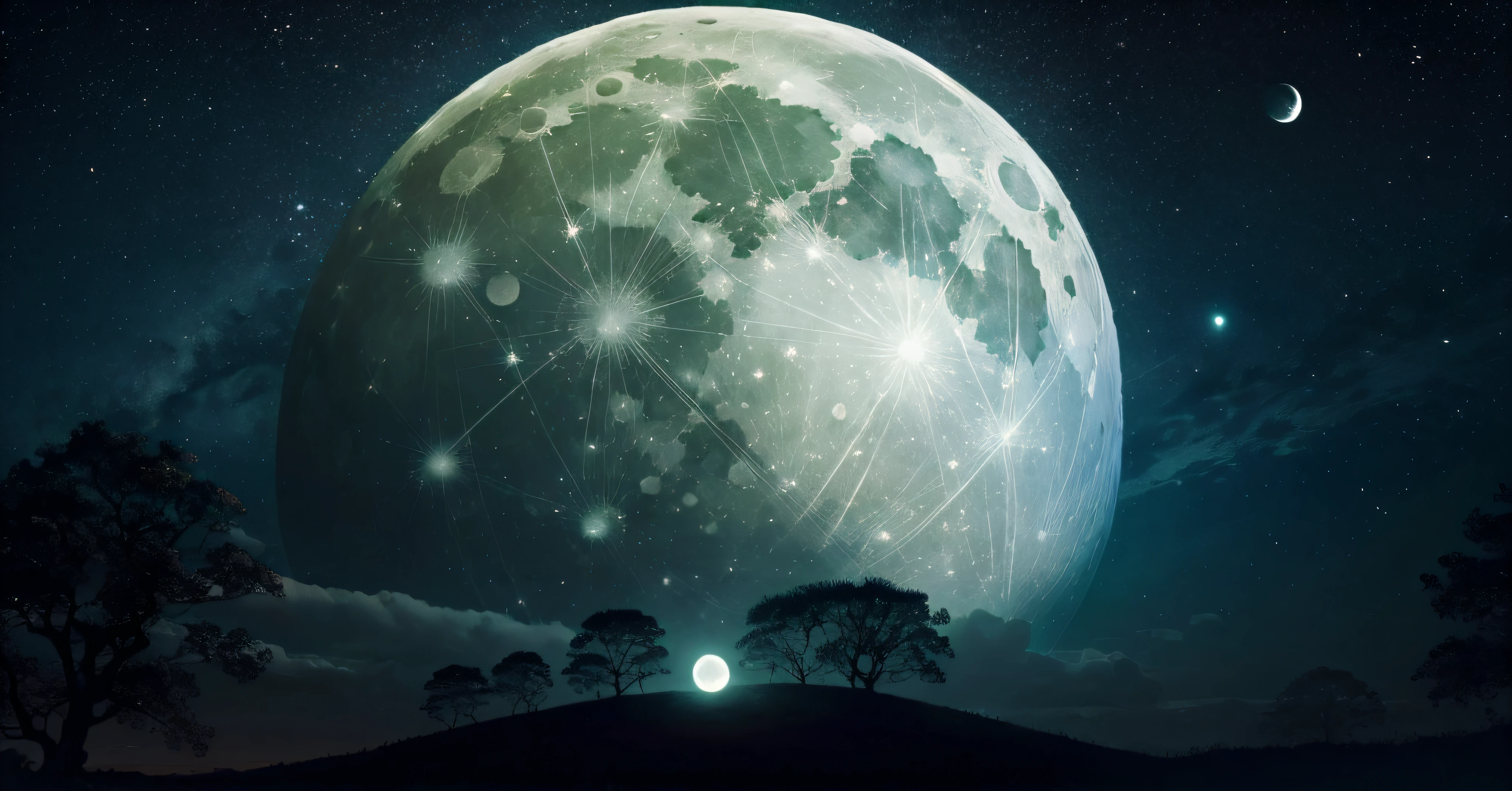 Big green moon, night sky, masterpiece