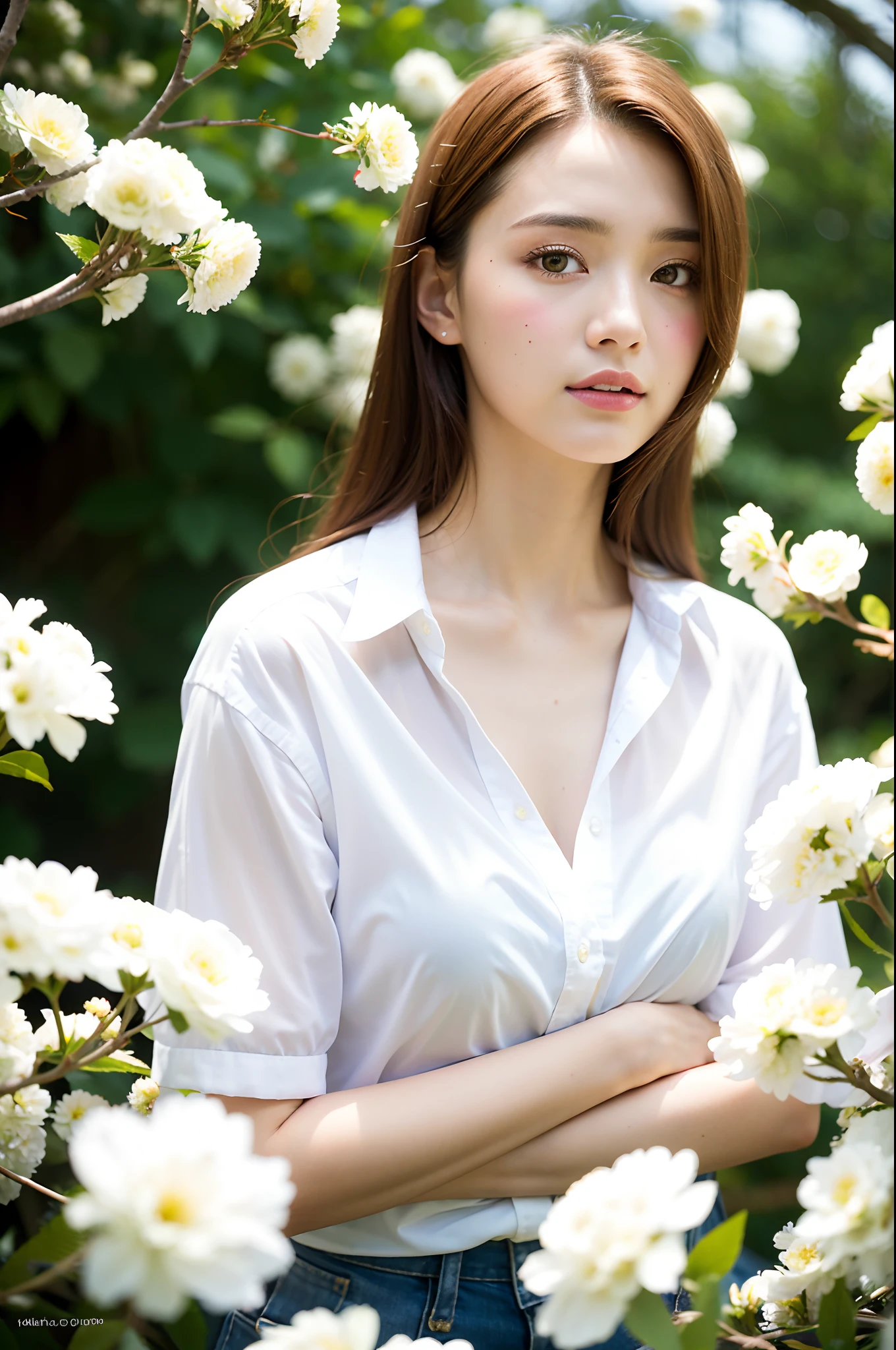 Sad theme , (best quality, masterpiece:1.2), 18yo beautiful girl in garden, white shirt, (white flowers mess in background:1.3), shoot the Sony a7,3.5 mm Lens, f 1.8 apature, lighting glow effect,no retouching,raw photo realistic, skin texture is very detail ,no makeup,
