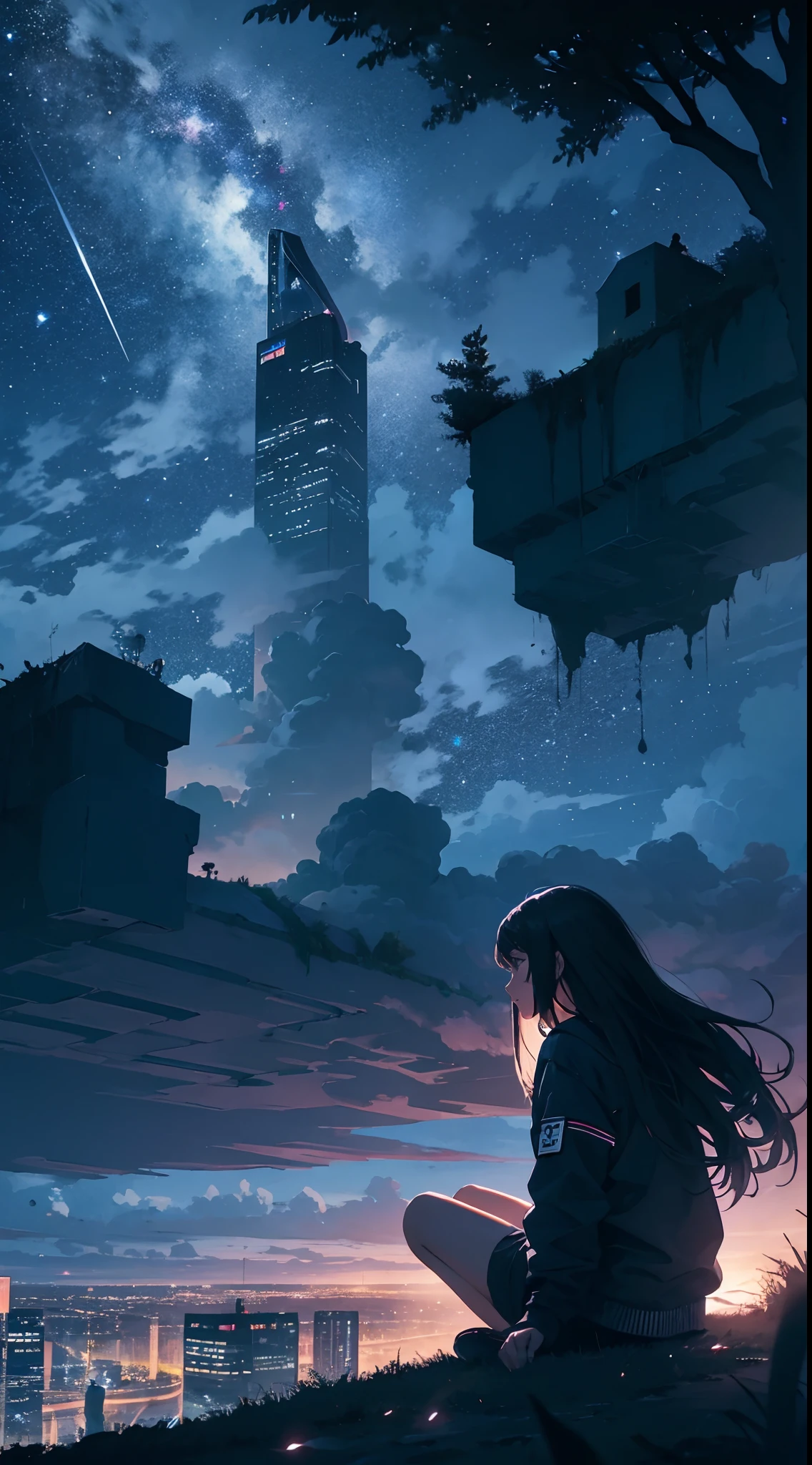 octans, sky, star (sky), scenery, starry sky, night, 1girl, night sky, solo, outdoors, building, cloud, milky way, sitting, tree, long hair, city, silhouette, cityscape