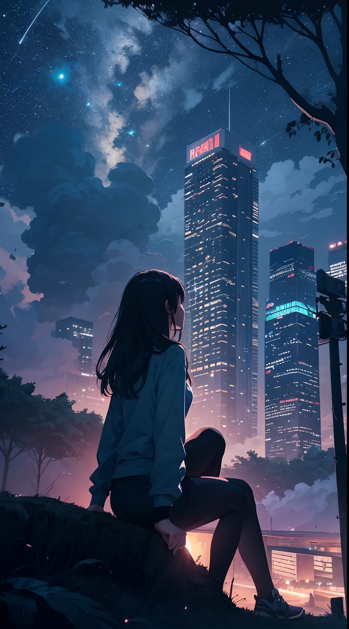 octans, sky, star (sky), scenery, starry sky, night, 1girl, night sky, solo, outdoors, building, cloud, milky way, sitting, tree, long hair, city, silhouette, cityscape